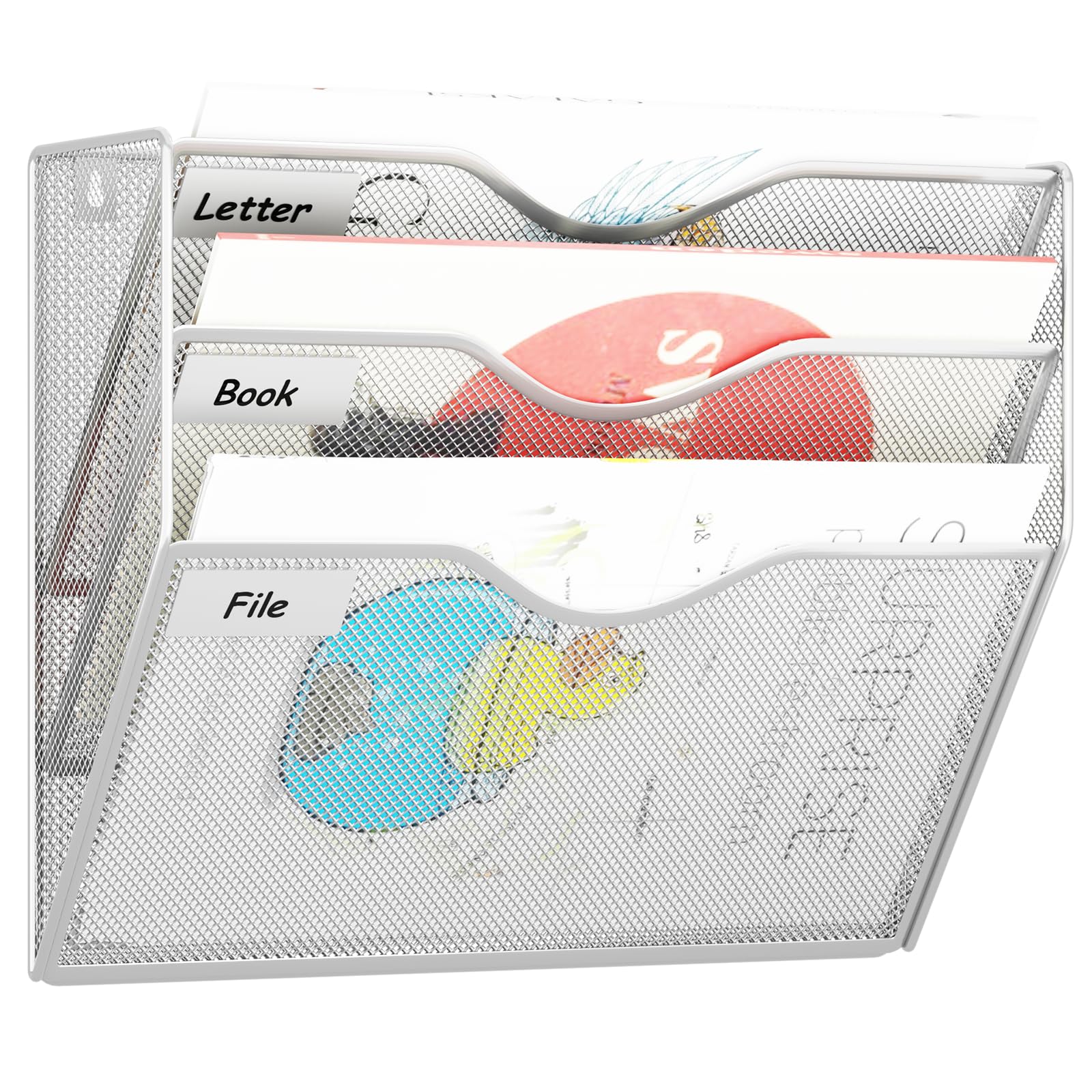 3 Pockets Hanging Wall File Organizer Mail Holder, Wall Mounted Paper Document Folder Holder, Clipboard Storage Organization Magazine Rack, Silver
