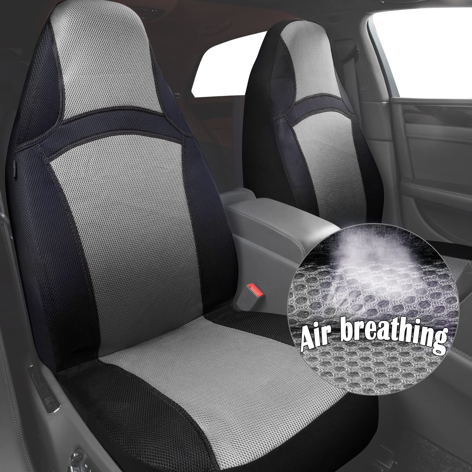 CAR PASS Premium 3D Air Mesh High Back Automotive Seat Covers Two Front Set Only Gray car seat Cover Airbag Compatible (High Back Front Seats, Gray)