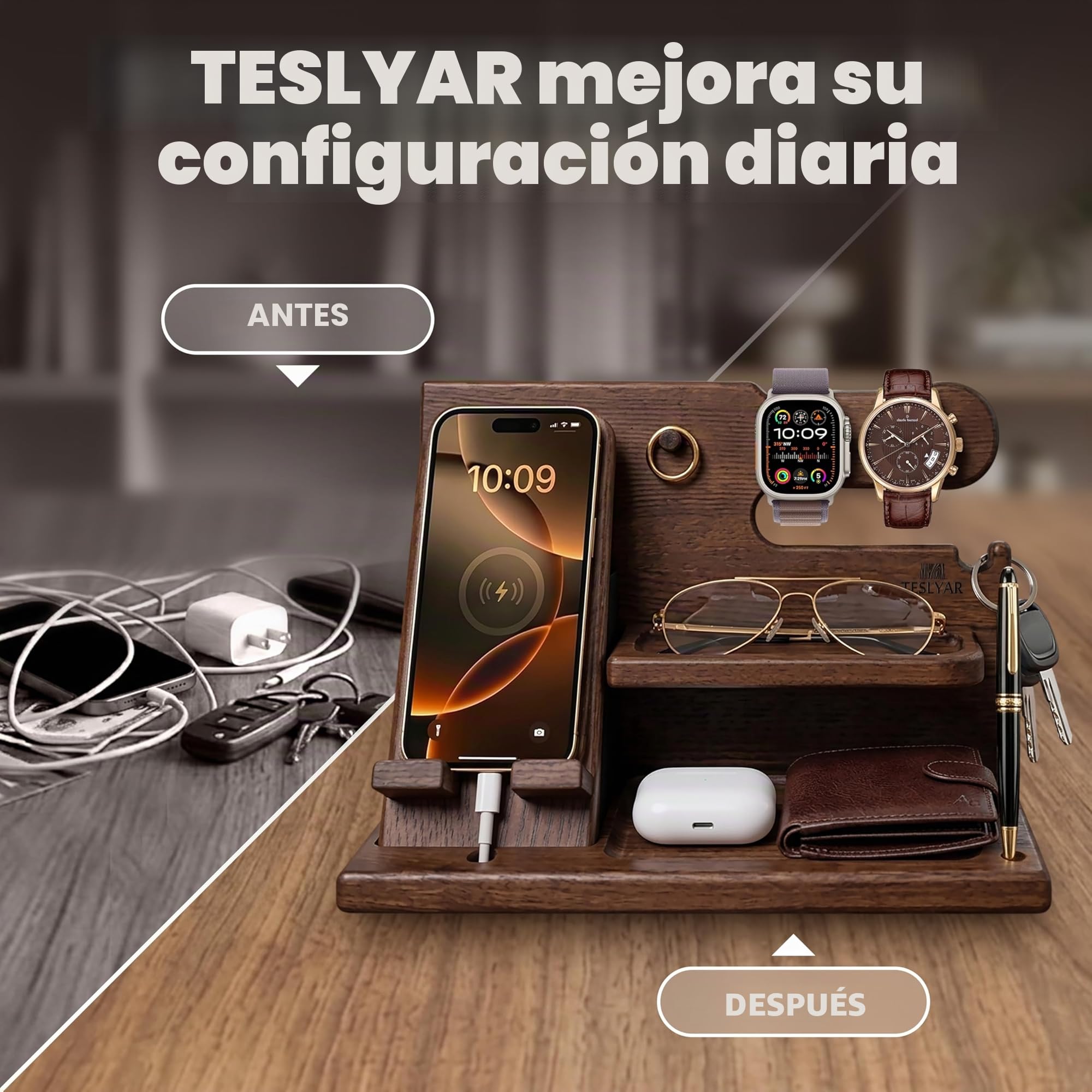 TESLYAR Soporte de Carga para teléfonos móviles con Gancho Llaves Carteras y Relojes Hombres Seres Queridos ya Sea por su Aniversariodía Festivo Regalo Padre Dia del Padre Regalos (Marrón)