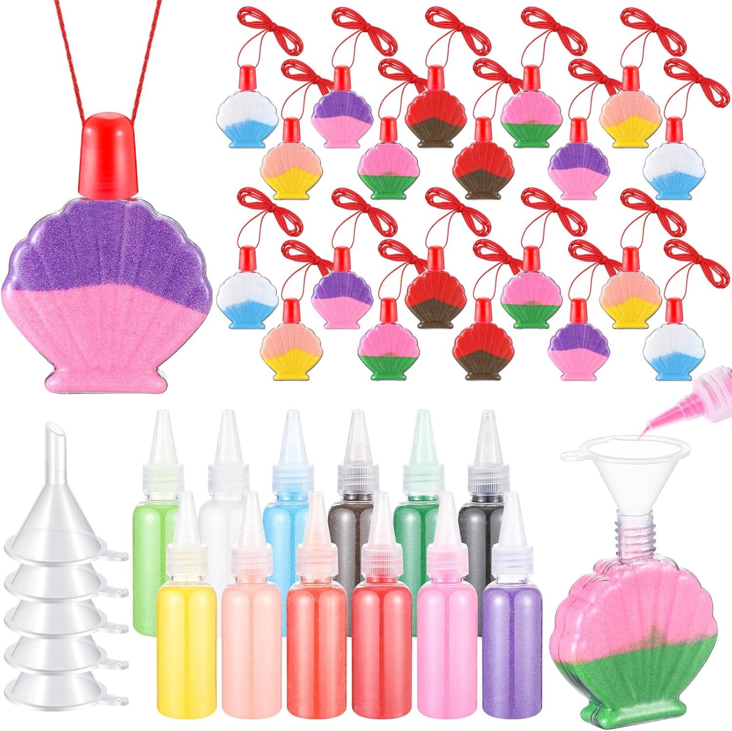 Sliner 37 Pcs Sand Art Kits Create Your Own Colored Sand Art 20 Shell Sand Art Bottle Necklace 12 Colored Art Sand 5 Mini Funnels for DIY Arts and Crafts, Wedding, Birthday Painting Party Favors Bulk