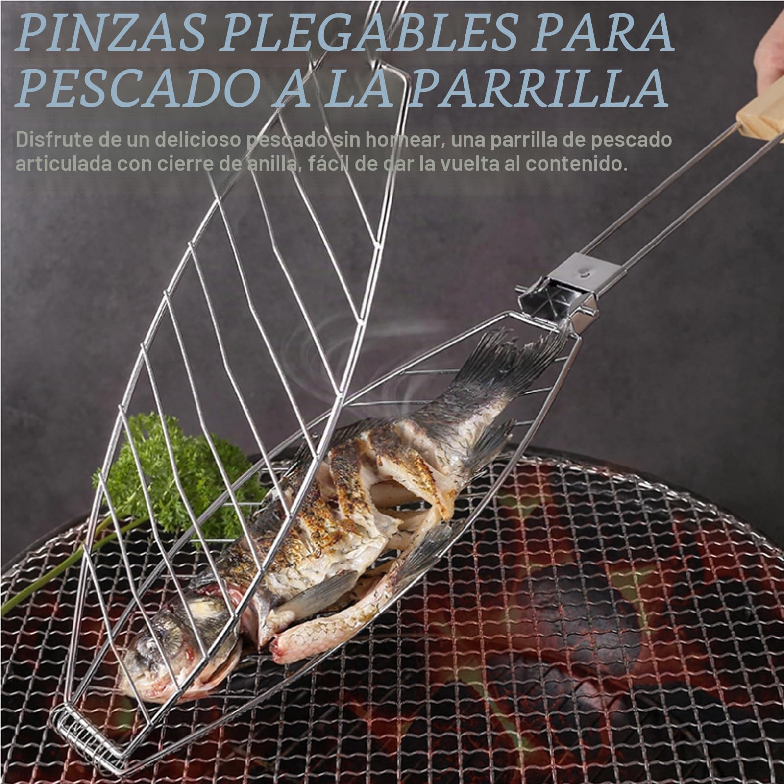 3 soportes para barbacoa de pescado con mango de madera, 63 x 12 cm, asador de pescado grande con mango de metal, pinzas para barbacoa y barbacoa