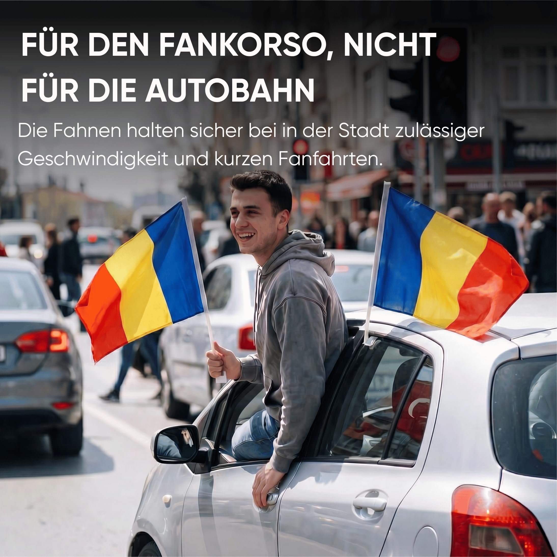 Auto Fahnen Rumänien Komplett Set - Motorhaubenfahne, 2 Autofahnen Fenster & 2 Außenspiegelfahnen, Fußball Fanartikel FZG für EM & WM, Rumänische Flagge Fahrzeug Deko