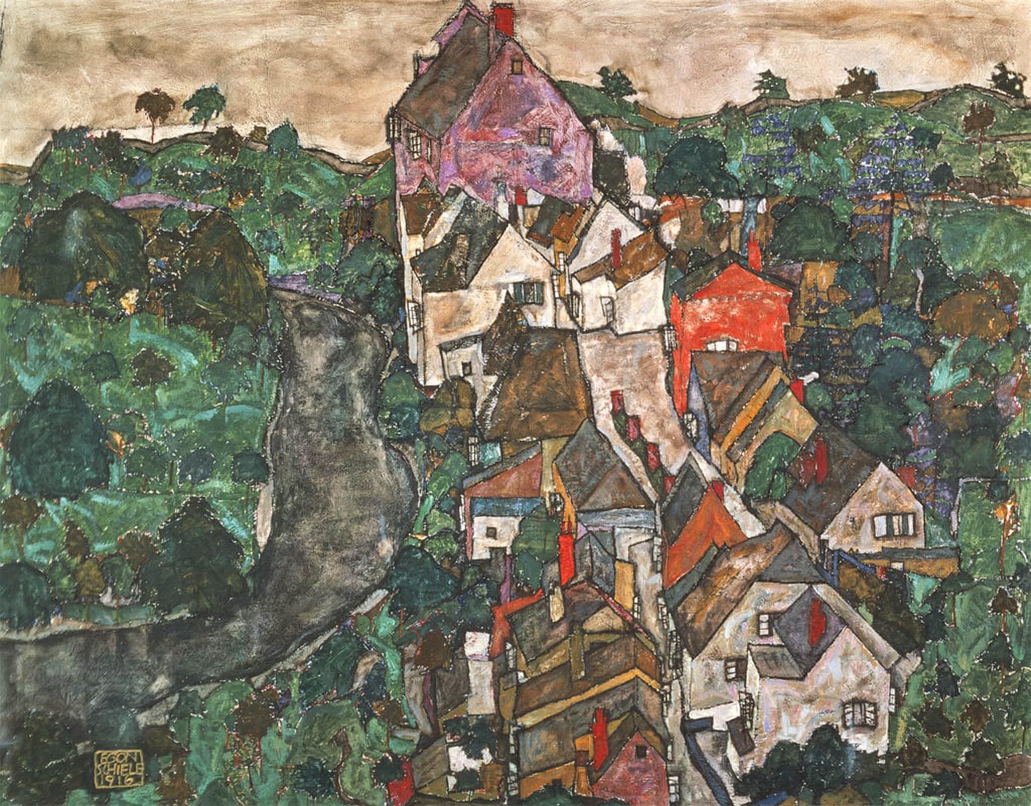 ARTXLXXBN Famous Print Painting Colorful Art Print Landscape in Krumlov by Egon Schiele Canvas Art Decorations for Home Decor 60x90cm