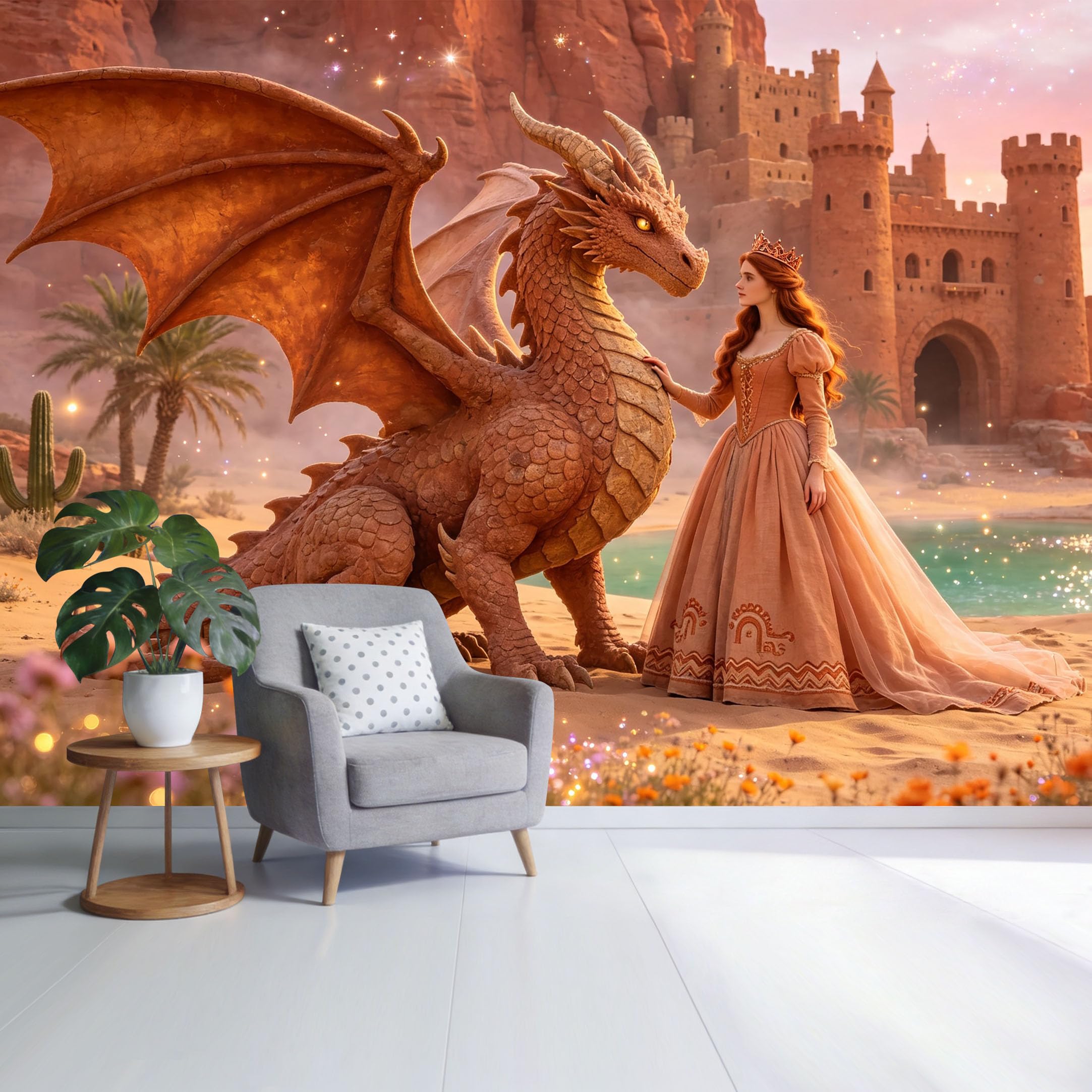 Custom Size Wall Mural Fantasy Dragon Princess Castle Desert Landscape 3D Trompe L'Oeil Removable Self Adhesive Fabric Home Wall Decor for Living Room Bedroom Bathroom
