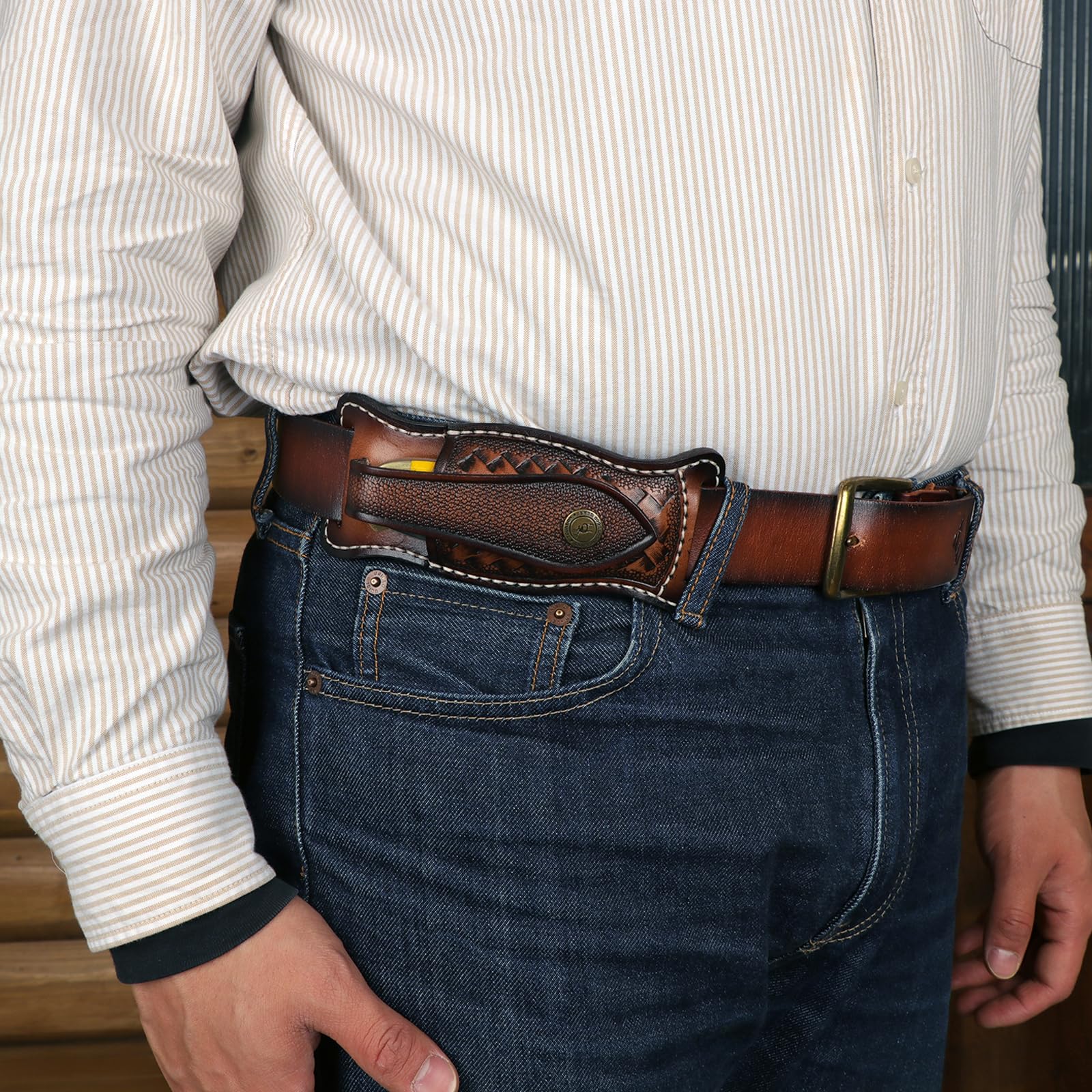TOURBON Fodero per coltello in pelle di mucca per cintura 4" Custodia per coltello pieghevole EDC Fondina per coltello con chiusura a scatto