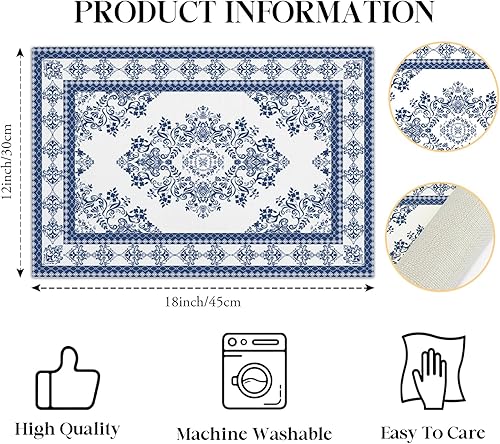 Miniatura 2 de Juego de 4 manteles individuales florales azules, 12 x 18 pulgadas, impermeables, lavables, resistentes al calor, manteles individuales para