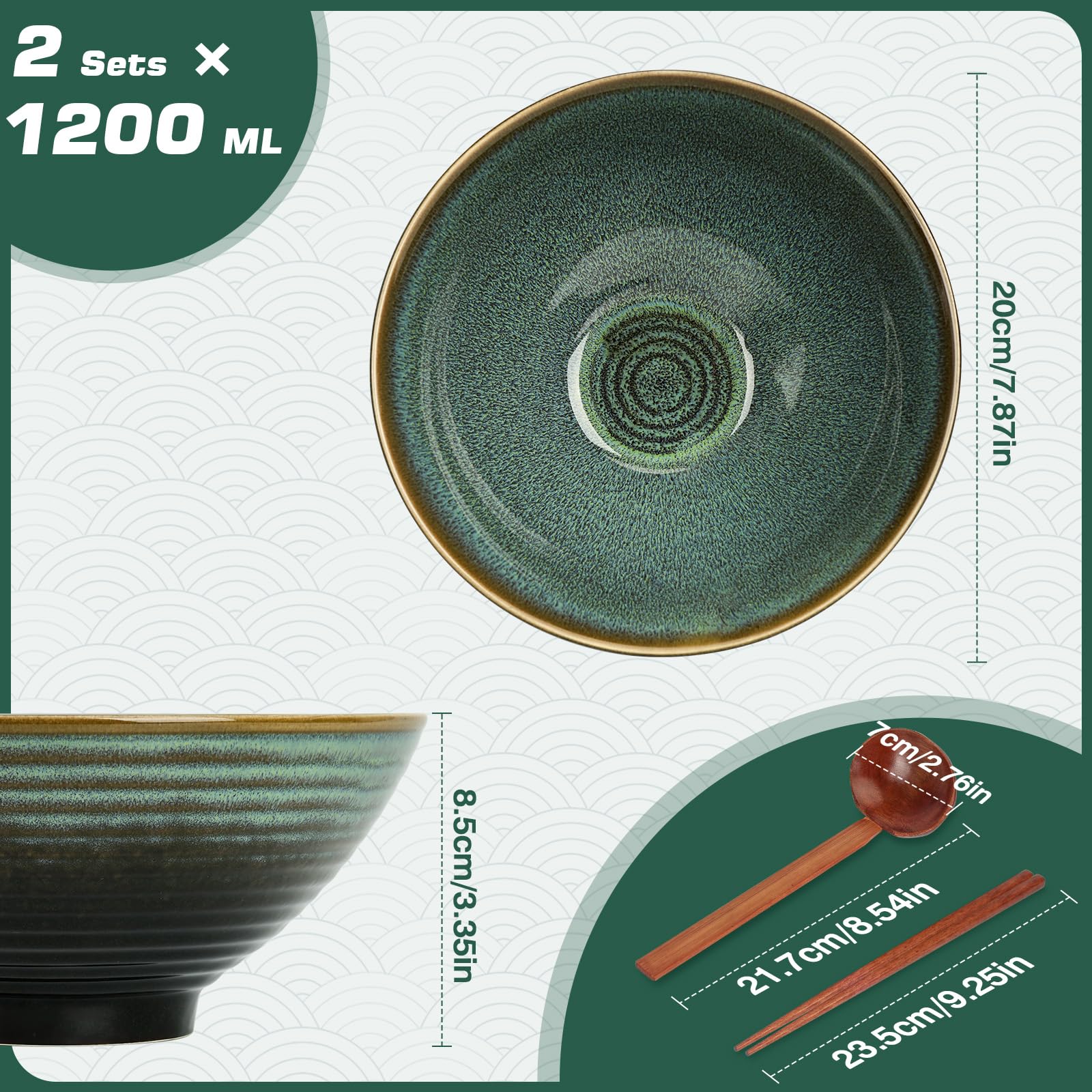 1200ML Ciotola Ramen con Bacchette e Cucchiai, 2 Set Ramen Bowl in Ceramica con Smalto Verde Cambiato in Forno,Ciotole Ramen Giapponesi, Ciotole per Ramen, Zuppa, Insalata, Muesli
