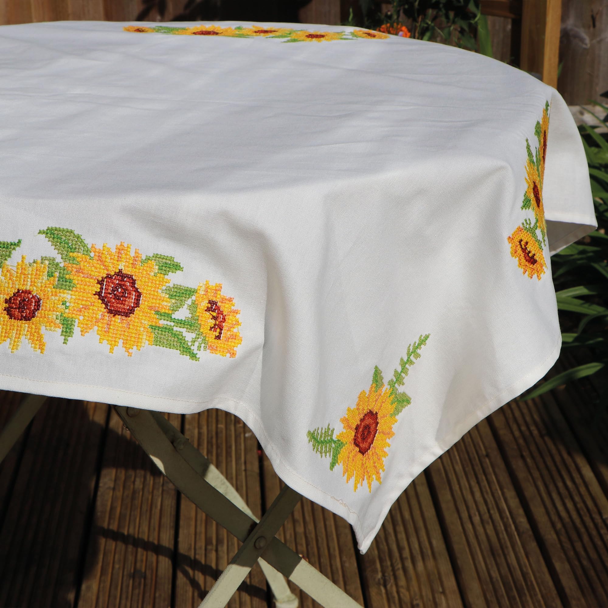 Trimits Kit per punto croce stampato, tovaglia – include tessuto stampato, fili, ago e istruzioni, 80 x 80 cm, girasoli