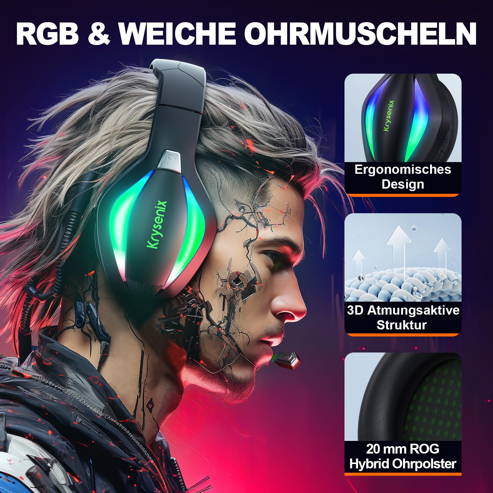 Krysenix PG1 RGB Gaming Headset für PS4, PS5, PC, Nintendo Switch, Xbox one, Headset mit Mikrofon, Gaming Kopfhörer mit Mikrofon, Noise Cancelling Kopfhörer mit 3.5mm Klinke Schwarz/Grün