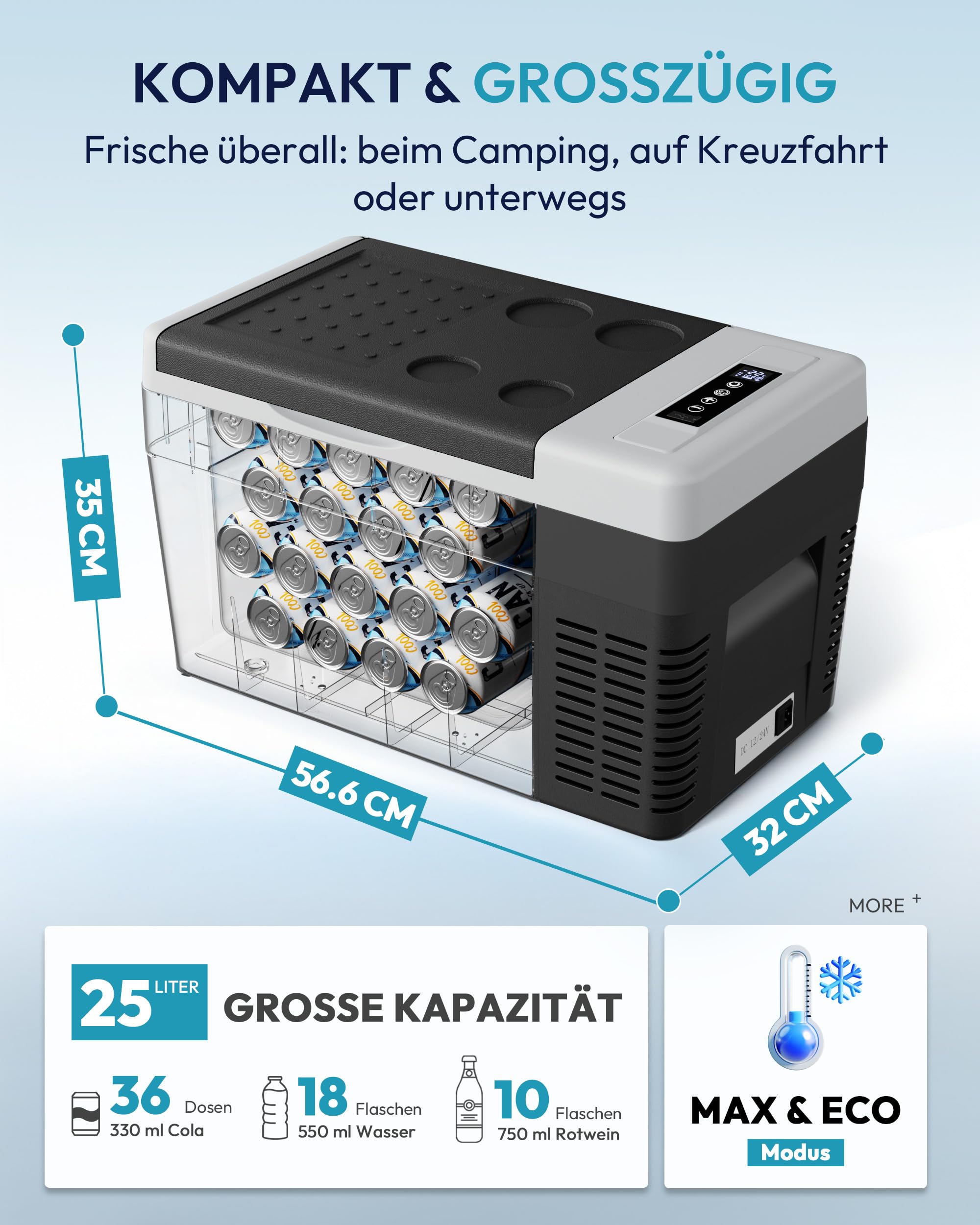 EUHOMY Compressore Frigorifero Box 25L, Frigorifero Auto con Controllo APP, -20℃ ~ 20℃, Frigorifero portatile 12/24V DC 100-240V AC, Congelatore portatile per campeggio, viaggi, barca, nero