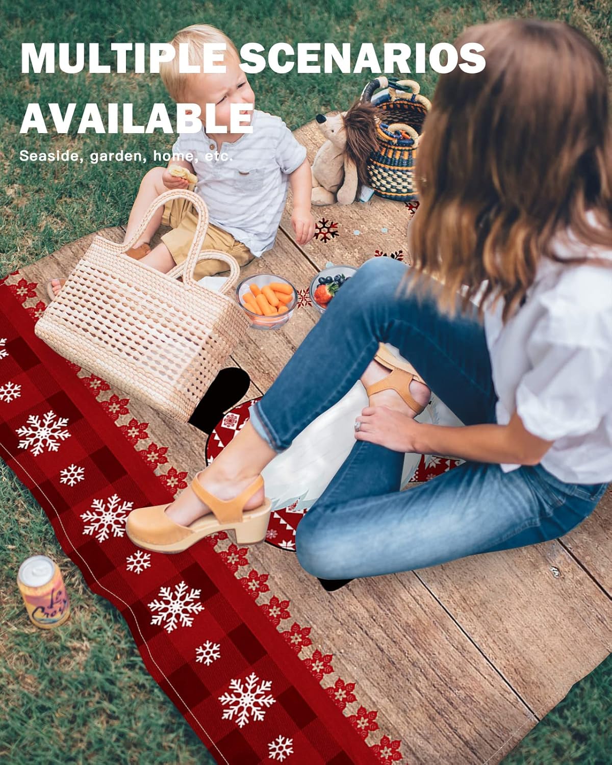 Vintage Christmas Santa Dwarfs Red Snowflake Beach Blanket Waterproof Sandproof Outdoor Picnic Mat 108"x84" Wood Board Lightweight Large Beaach Blankets with 4 Stake & 4 Corner Pockets