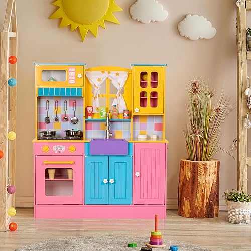 Miniatura 9 de Juego de cocina para niños, cocina de madera para niños con grifo, fregadero, estufa, horno, cortinas, utensilios de cocina, armarios de