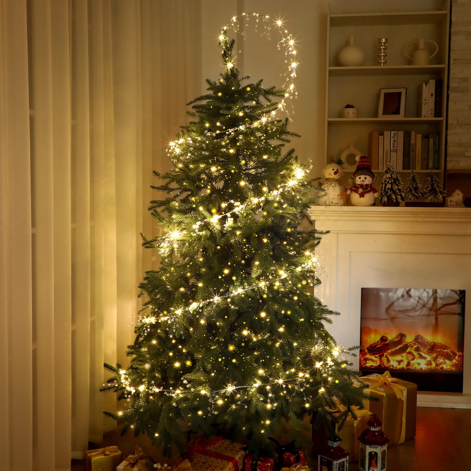 Glooglitter Décoration de sapin de Noël, guirlande lumineuse en cristal de 29,9 m, 300 LED en fil de cuivre avec ornements en forme de goutte, décoration scintillante pour Noël d'hiver et d'intérieur