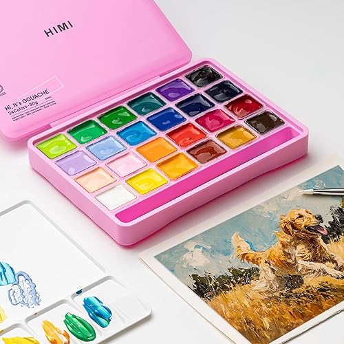 Miniatura 12 de HIMI Gouache - Juego de pinturas con 3 pinceles, 24 colores, 1.06 oz, diseño de taza de gelatina, pintura no tóxica para lienzo y papel, suministros