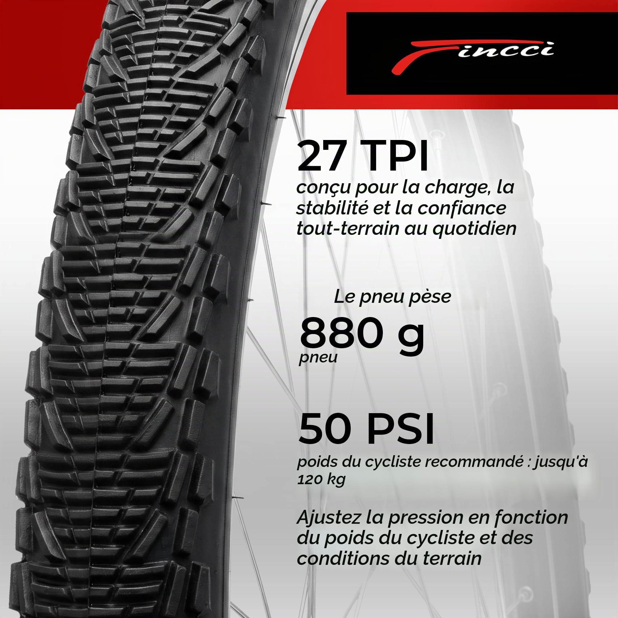 Fincci Pneu VTT 26x1.95 53-559 Pliable avec Protection Anti-Crevaison 3mm | Pneus VTT 26 Pouces avec 27 TPI et Pression 50 PSI pour une Protection Anti-Crevaison 3mm - Lot de 2