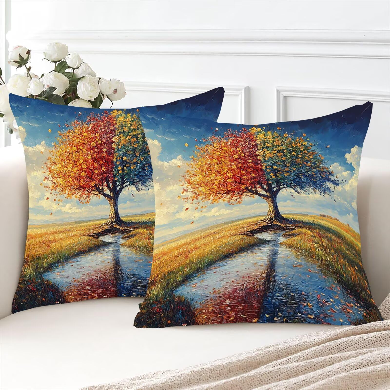 Farbe Samt Kissenbezug 60 x 60 cm 2er Set Kissenhülle Sofakissen Samtkissen Dekorative Dekokissen Quadrat Wurfkissenbezug mit Verstecktem Reißverschluss Sofa Wohnzimmer Der Baum des Lebens 0P-83