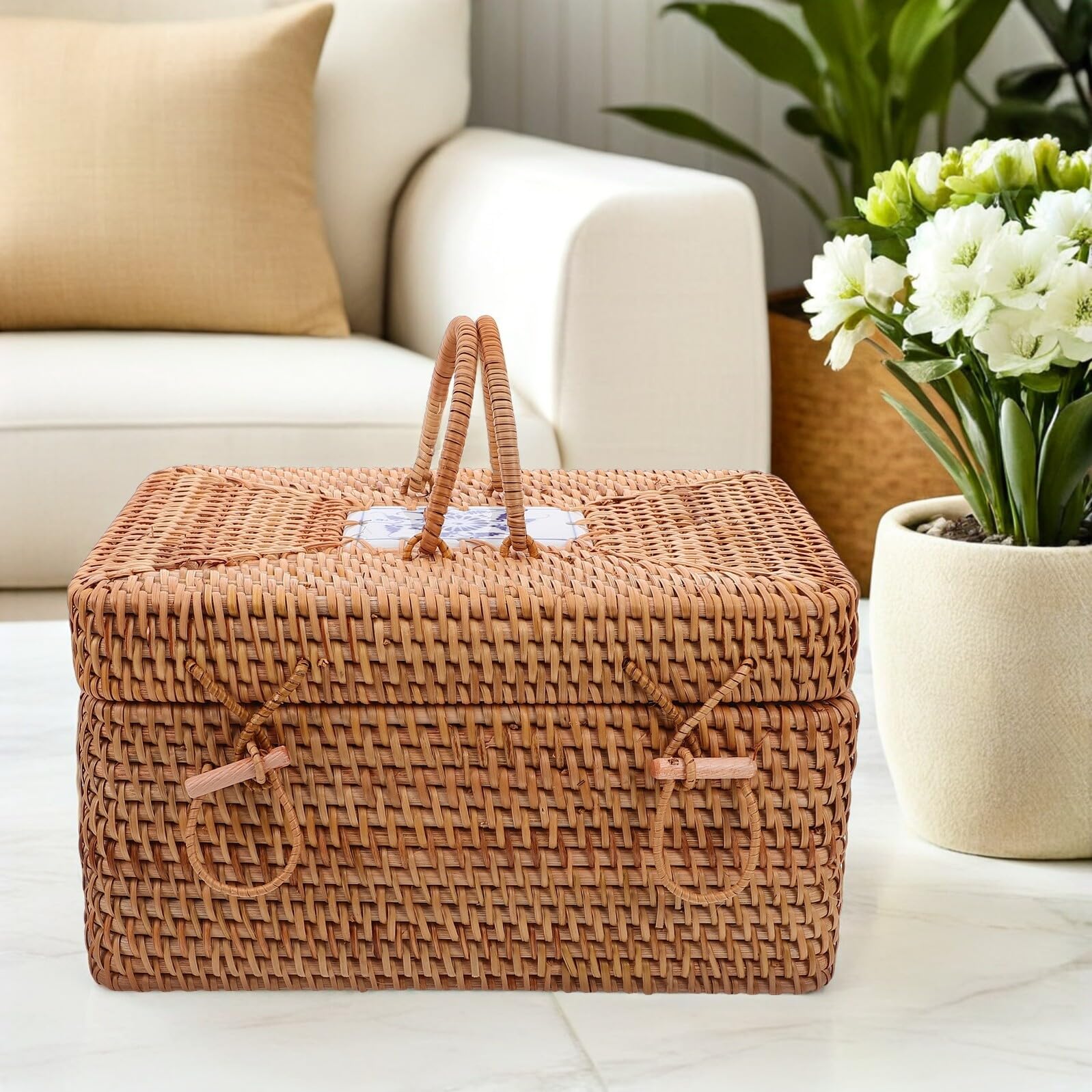 Cesto da Picnic in Rattan Intrecciato con Manico Porta Snack e Frutta Scatola di Stoccaggio Boho in Stile Country Contenitore Spazioso per Campeggio e Feste all Aperto Elegante