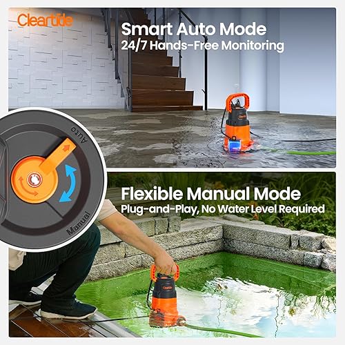 Miniatura 3 de Cleartide Bomba de sumidero sumergible con sensor de agua inteligente, bomba de utilidad de alta capacidad de 13 HP 2790 GPH, manijas de modo