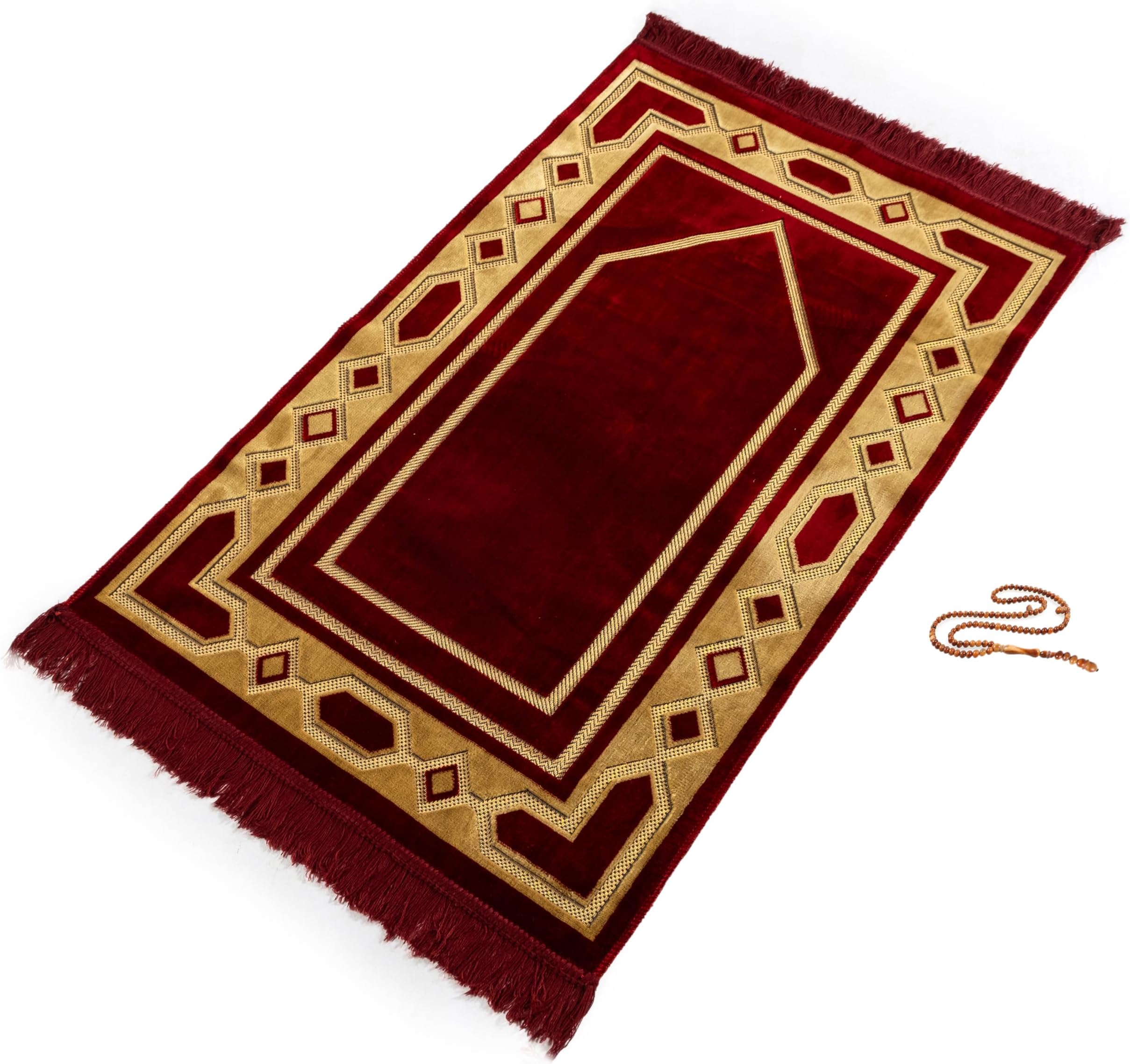 Home Collection Islamic Prayer Mat - Islam Praying Rug for Muslim Women & Men - Soft Turkish Salah Mats Eid & Ramadan Gifts - Pray Bead (Tesbih) Included - Made in Turkiye - Burgundy