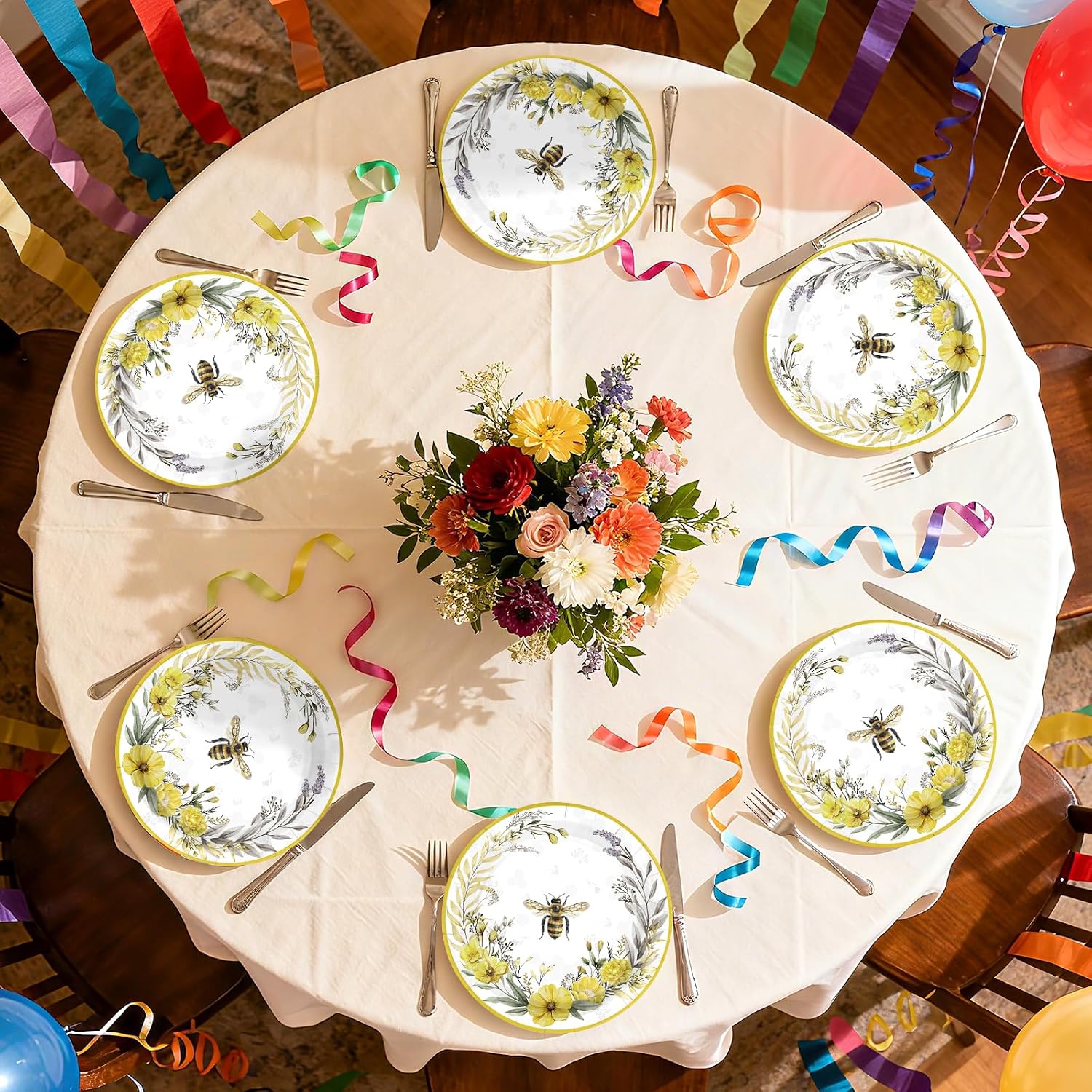50Pcs Bee Floral Paper Plates 10 Inch Disposable Yellow Bee Flower Dessert Plates Spring Bees Party Decoration Favors for Seasonal Summer Baby Bridal Shower Birthday Wedding Picnic Party Supplies