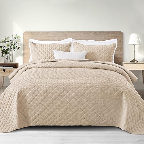 Exclusivo Mezcla Juego de edredón tamaño individual, colcha suave de hueso beige para todas las estaciones, juego de ropa de cama ligero y moderno