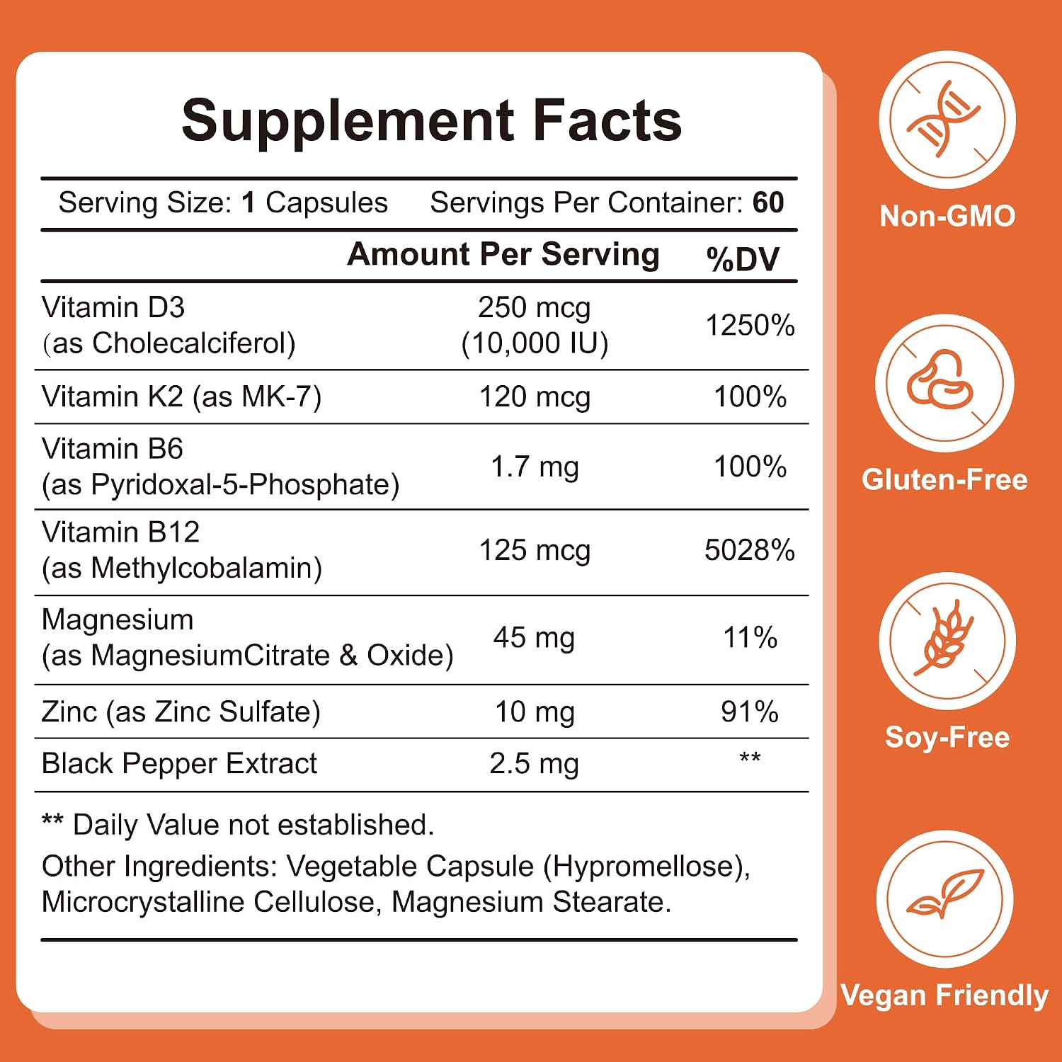 Vitamin D3 K2 Supplement - 10000 IU D3 & 120 mcg K2 MK-7 - Bone, Heart & Immune Support - with B6, B12, Magnesium & Zinc for Enhanced Benefits - High Absorption Formula - 60 Vegan Capsules