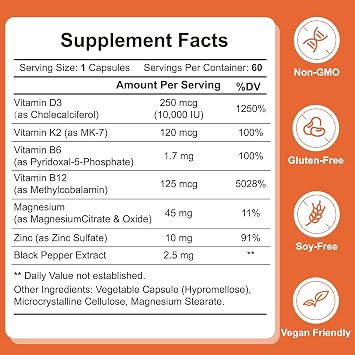 Vitamin D3 K2 Supplement - 10000 IU D3 & 120 mcg K2 MK-7 - Bone, Heart & Immune Support - with B6, B12, Magnesium & Zinc for Enhanced Benefits - High Absorption Formula - 60 Vegan Capsules