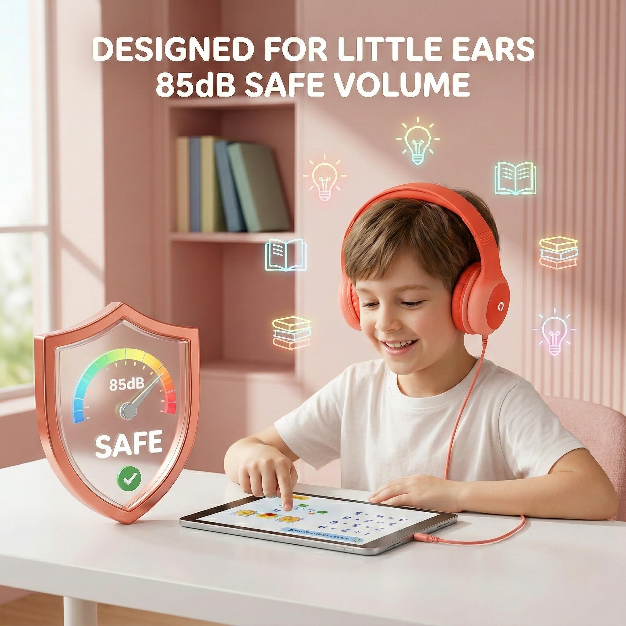 ADOOPE Cuffie cablate per bambini con spina USB C, limitazione del volume di 85 dB, protezione dell'udito sicura, archetto regolabile, senza grovigli, cuffie per scuola, tablet, viaggi (rosso sfumato)