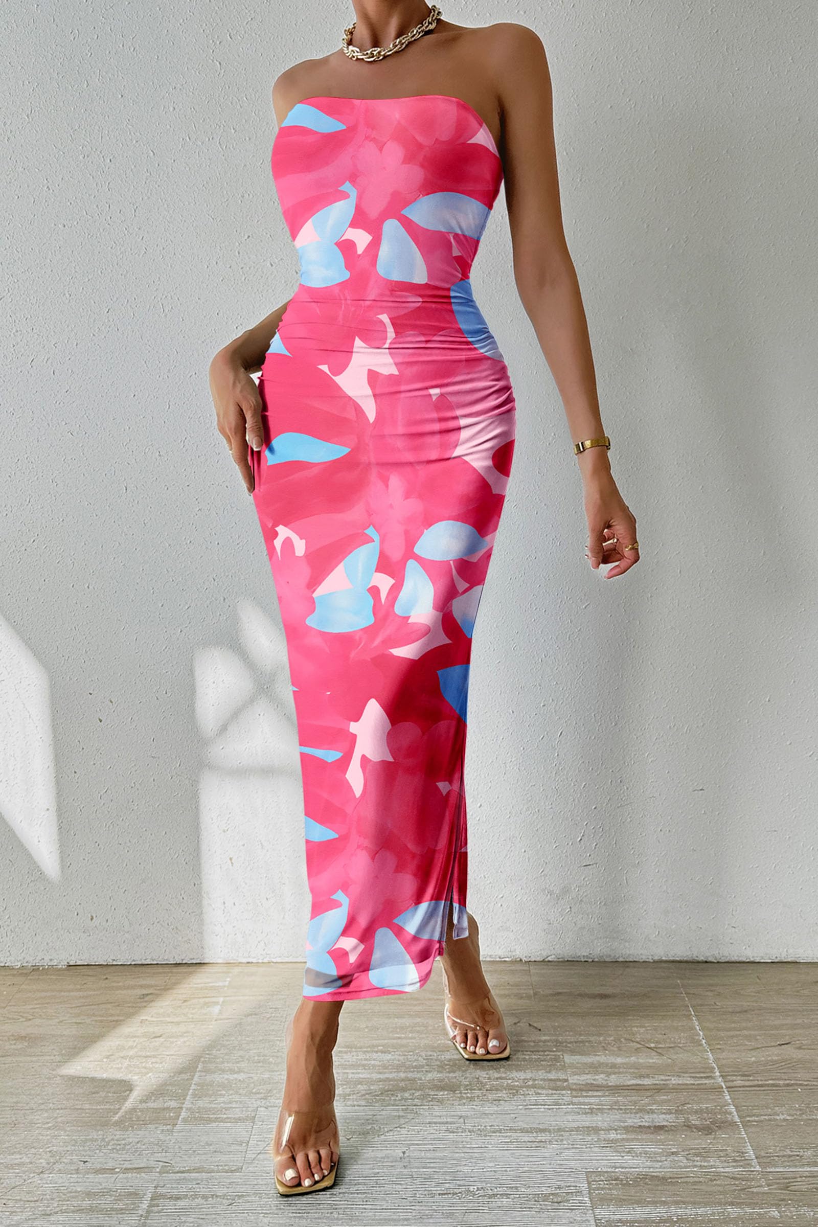 PRETTYGARDEN Women's Summer Maxi Bodycon Dresses Strapless Tube Top Printed Long Party Club Slit Dress