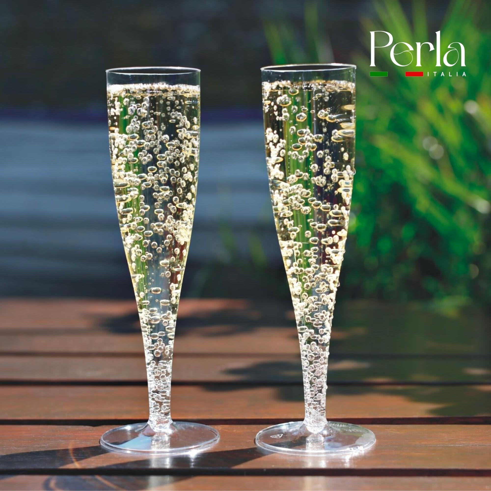 Perla, 48 Flute da Champagne Eleganti in Plastica, 120ml, Trasparenti, Resistenti e Riutilizzabili, Bicchieri da Brindisi per Feste, Compleanni, Matrimoni, Natale, Capodanno