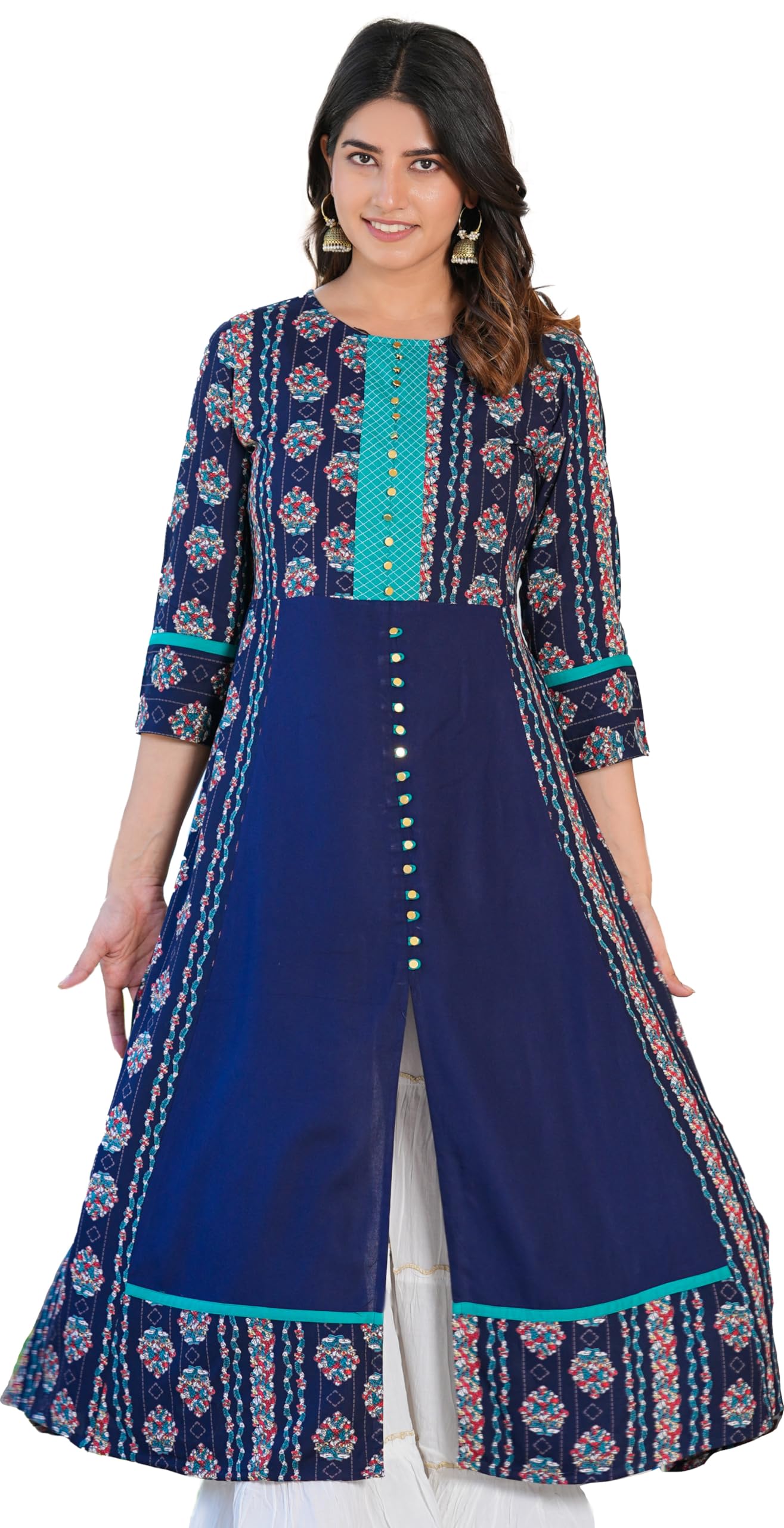 Yash Gallery Women's Rayon Floral Printed Embroidered A-line Kurta (1441YKBLUE, P, Blue)