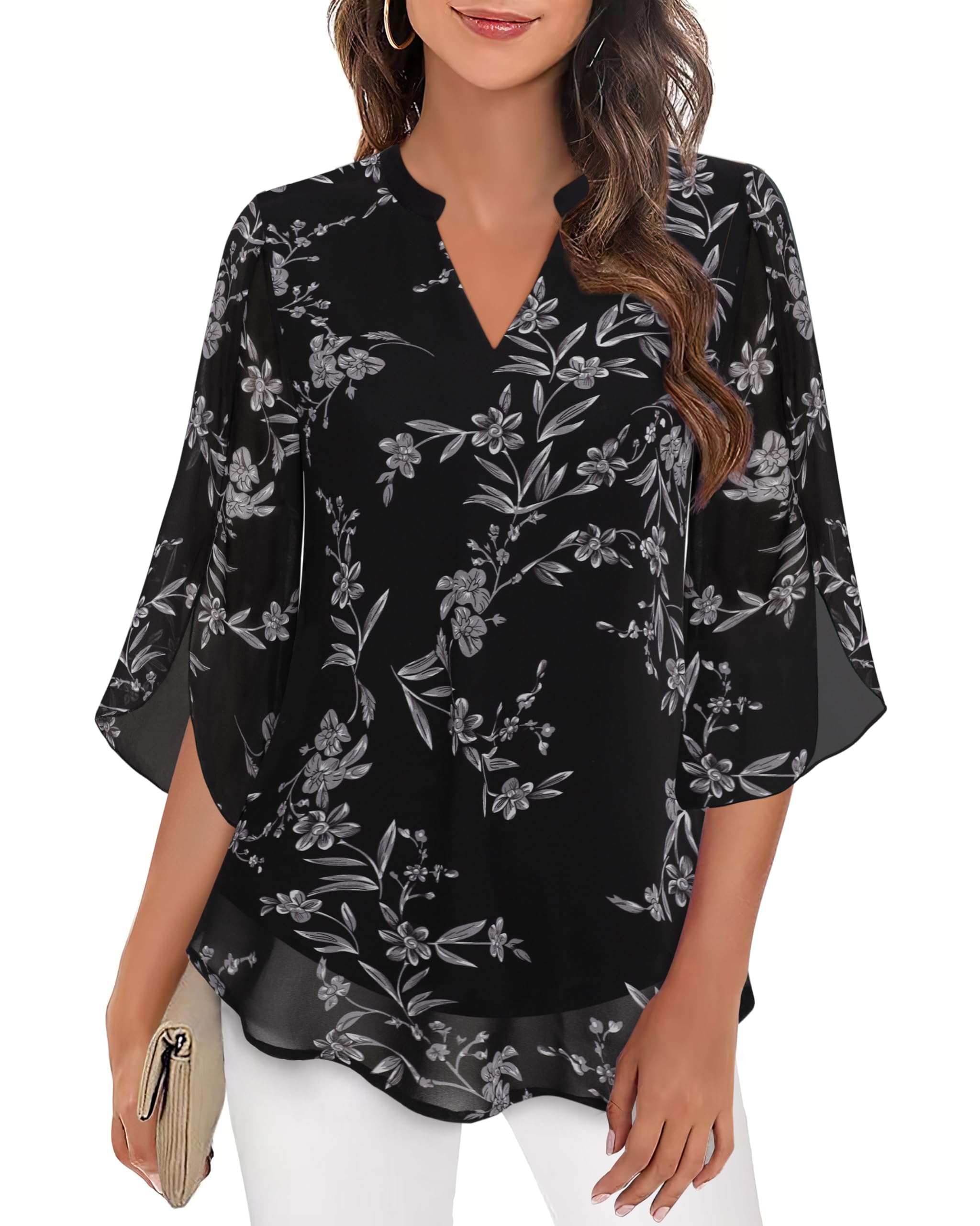 Womens Tops Dressy Casual Ruffle 3/4 Sleeve V Neck Double Layers Chiffon Blouses Tops