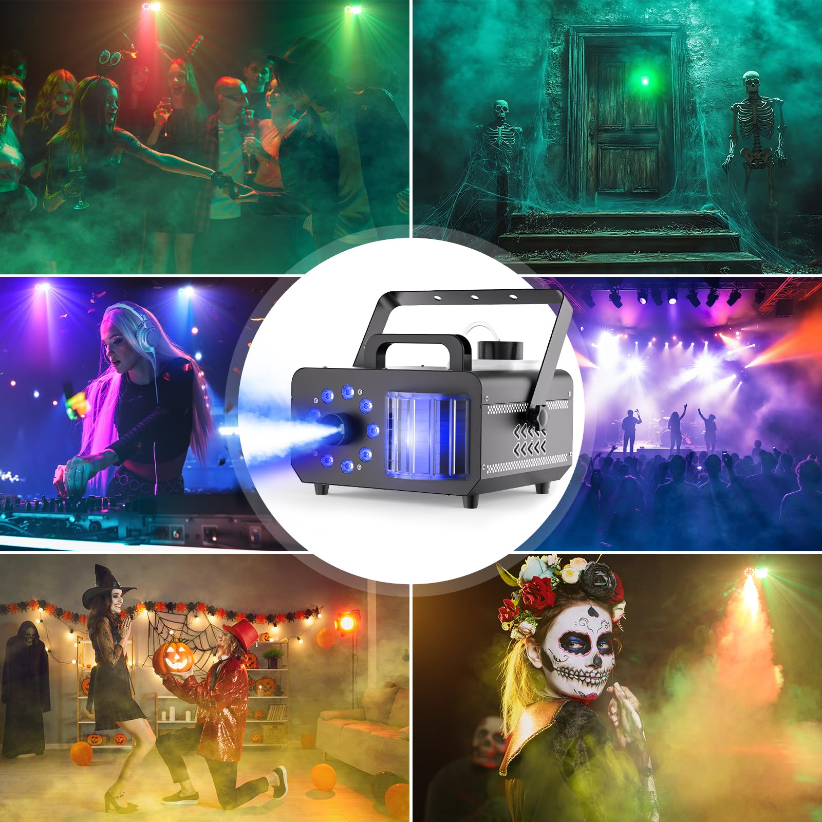 Machine à Fumée 1200W avec Télécommande, 9 LED RVB Effet Lumineux Disco Faisceau Stroboscopique 14 Couleurs Machine à Brouillard Portable pour DJ Halloween Mariage Noël Scène