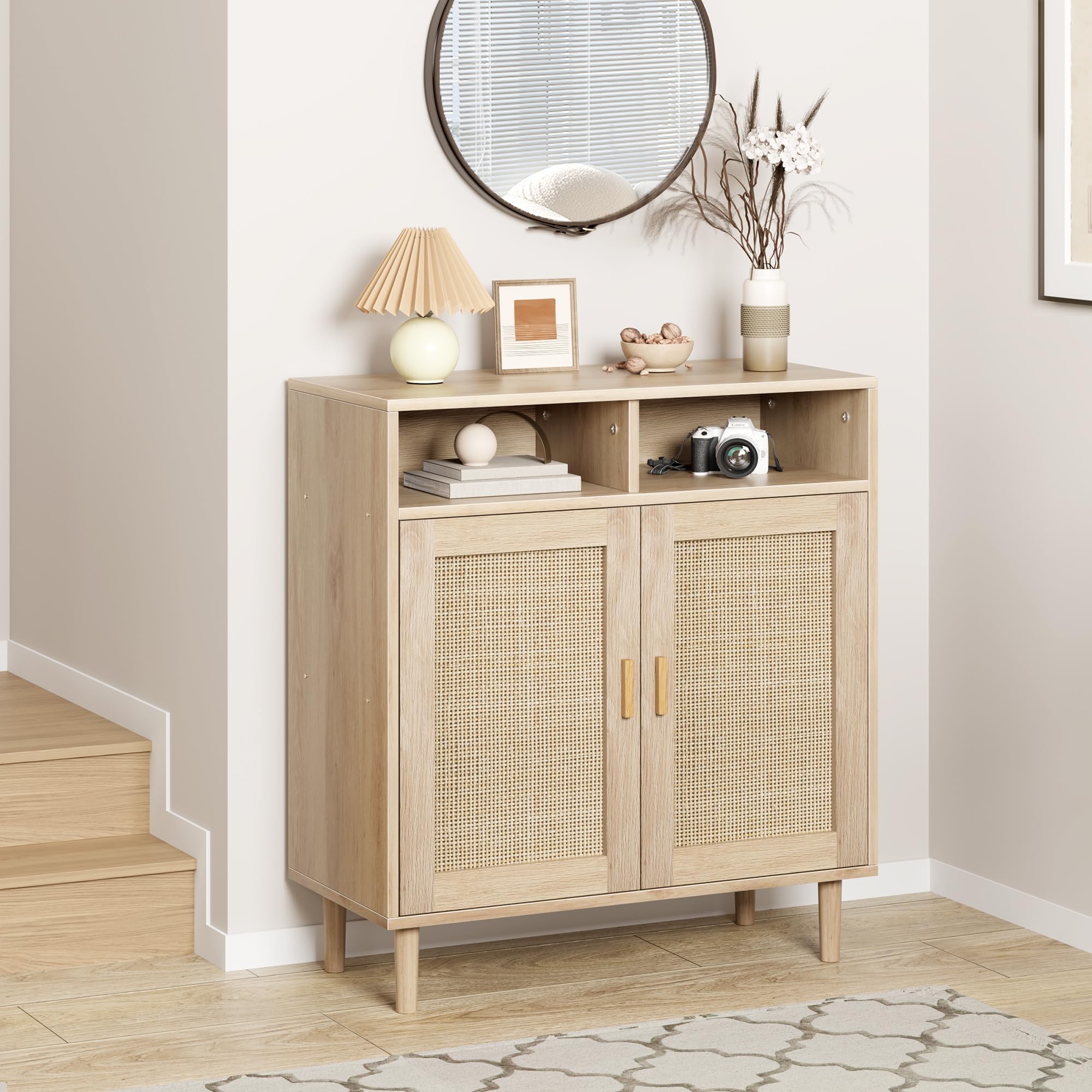 Zstar Aparador de ratán, Mueble de almacenaje Bohemio con estantes, Mueble Bar/credenza de Estilo rústico con 2 Puertas y 2 Compartimentos para salón, recibidor y Cocina.