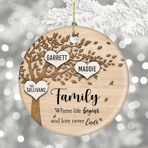 Miniatura 9 de Family Where Life Begins and Never Ends Personalized 3 Inch Ceramic Christmas Ornament With Gift Box (3 Names)