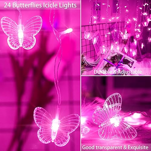 Miniatura 5 de Guirnalda de luces de mariposa con enchufe USB, 120 LED, 8 modos, 20 pies, luciérnaga, luces de carámbano parpadeantes con temporizador remoto,