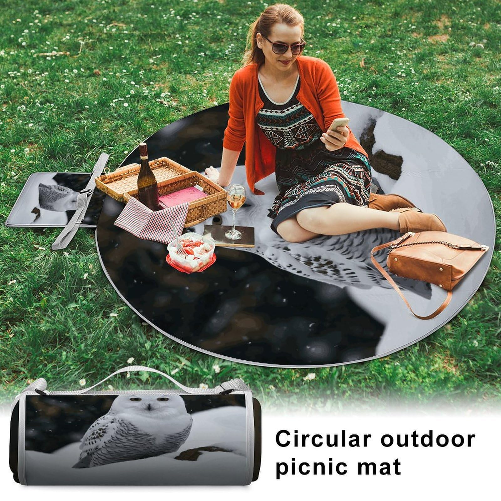 Mantas de picnic con diseño de búho de nieve, redondas, plegables, ligeras, impermeables, para exteriores, para primavera, verano, camping, parque, viajes, hierba