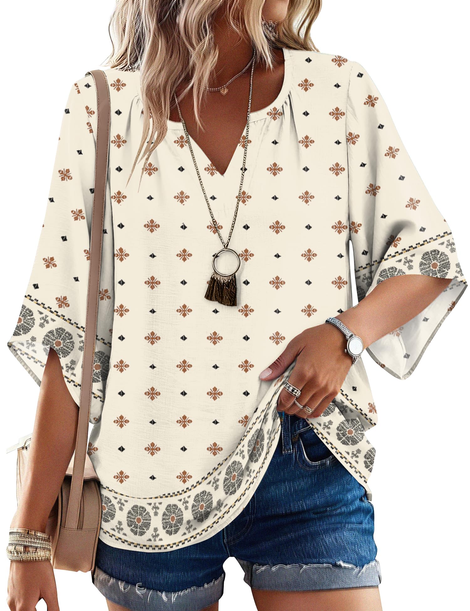 iWoo Bluse Damen 3/4 Arm Boho Tops Elegante V-Ausschnitt Locker Tunika Shirts Casual Oberteil Sommer Blusen