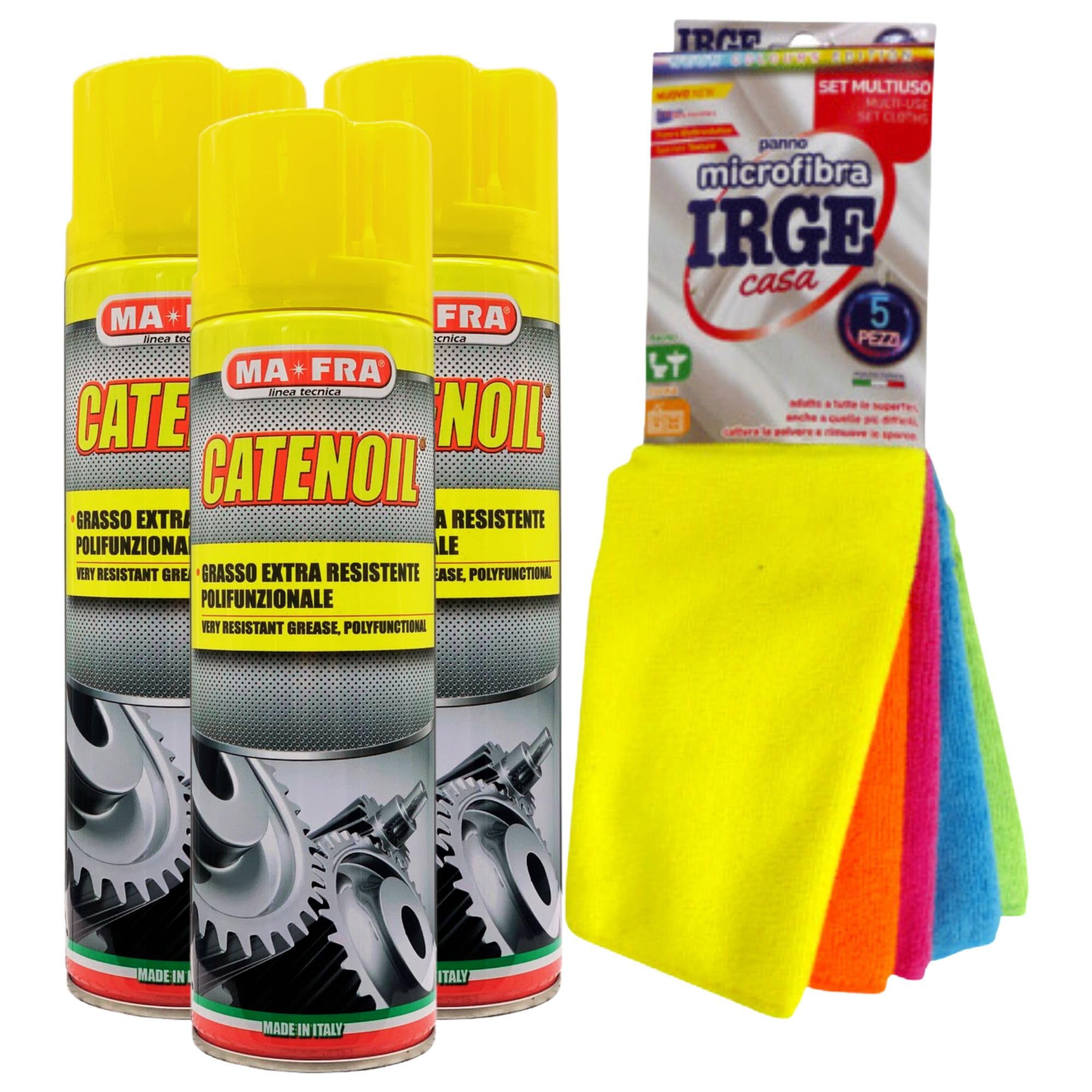 SET: Grasso Spray Extra Resistente Polifunzionale CATENOIL, Lubrifica e Protegge In Modo Ottimale Ogni Tipo Di Catena 500ml + Confezione Da 5 Panni In Microfibra (3xSpray+Panni)