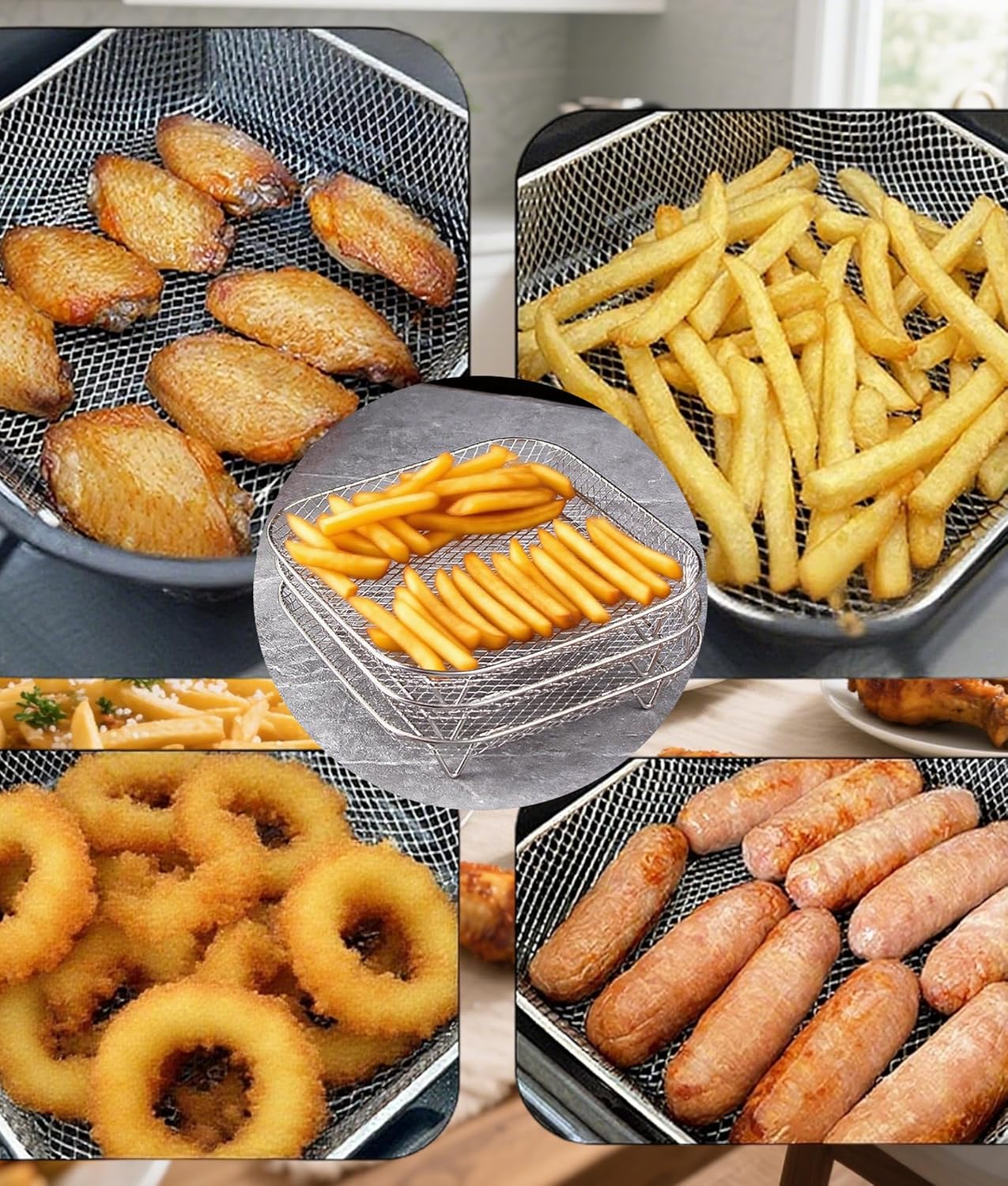 8.3inch Square Air Fryer Rack, 3pcs Stackable Dehydrator Racks with 100pcs Air Fryer Parchment Paper Disposable Liner 8inch and Heighten Feet Pad for for Cosori,Ninja Foodi Grill