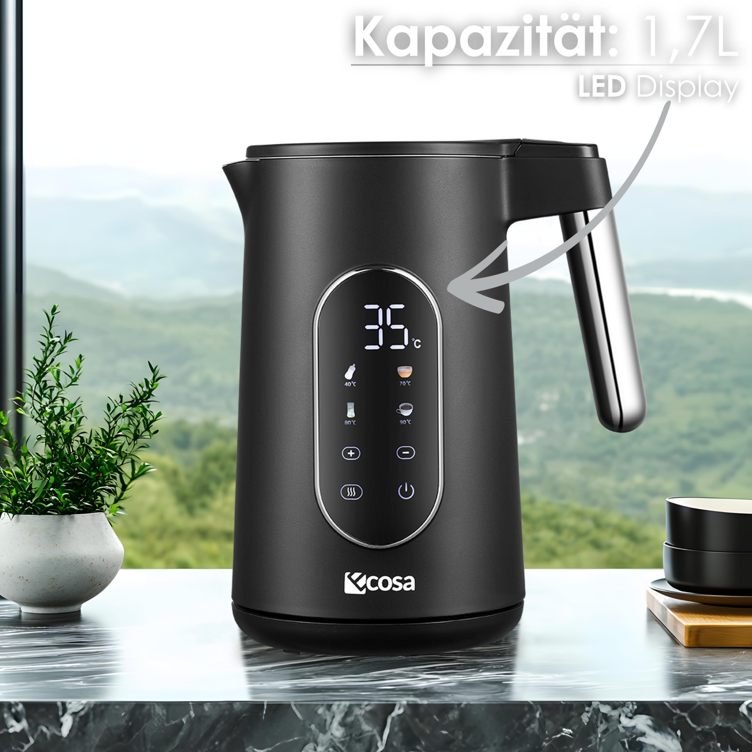 Bollitore in acciaio inox con regolazione della temperatura (40 °C a 100 °C), 1,7 litri, funzione di mantenimento del calore, display a LED a scelta della temperatura, 2200 Watt, 100% senza BPA,