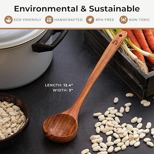 Vista 6 de Cucharón de madera para cocinar, cuchara de sopa - Cuchara de madera de teca, mango de 12.4 pulgadas, tamaño mediano de 2 onzas, ecológico, natural