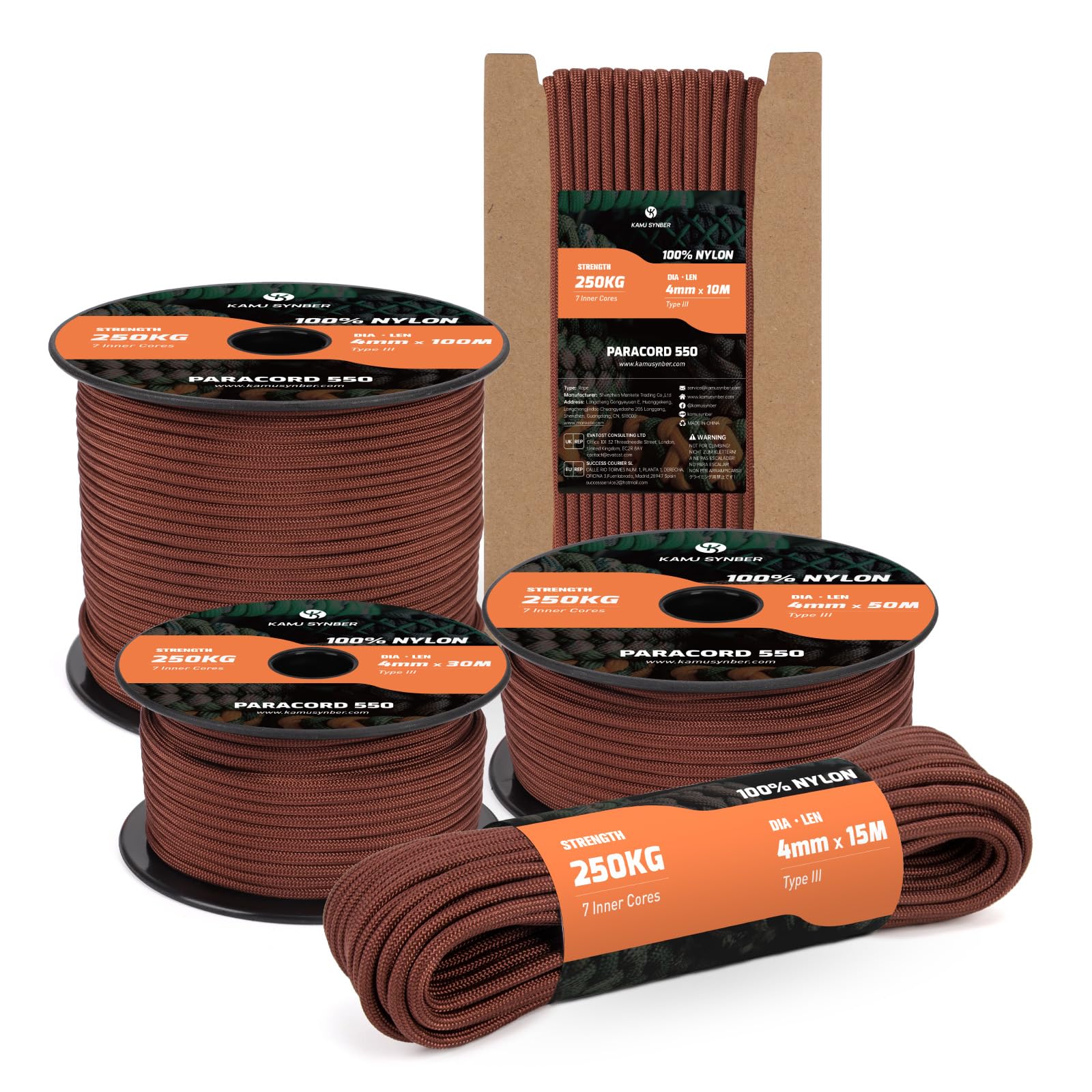 Kamu Synber 550 Paracord 4mm 15m Type III 7 Strands 100% Nylon Rope Parachute Cord Ideal for Crafting, DIY, Camping, Survival, Outdoor | Support 250kg | Chocolate Brown