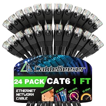 CableGeeker Cat 6 Patch Cables 1 ft 24-Pack - Cat 6 Ethernet Cable, Snagless RJ45, Cat 5e Patch Cable 1 Foot Ethernet Cables, Internet Network Cable, 1 Feet Black