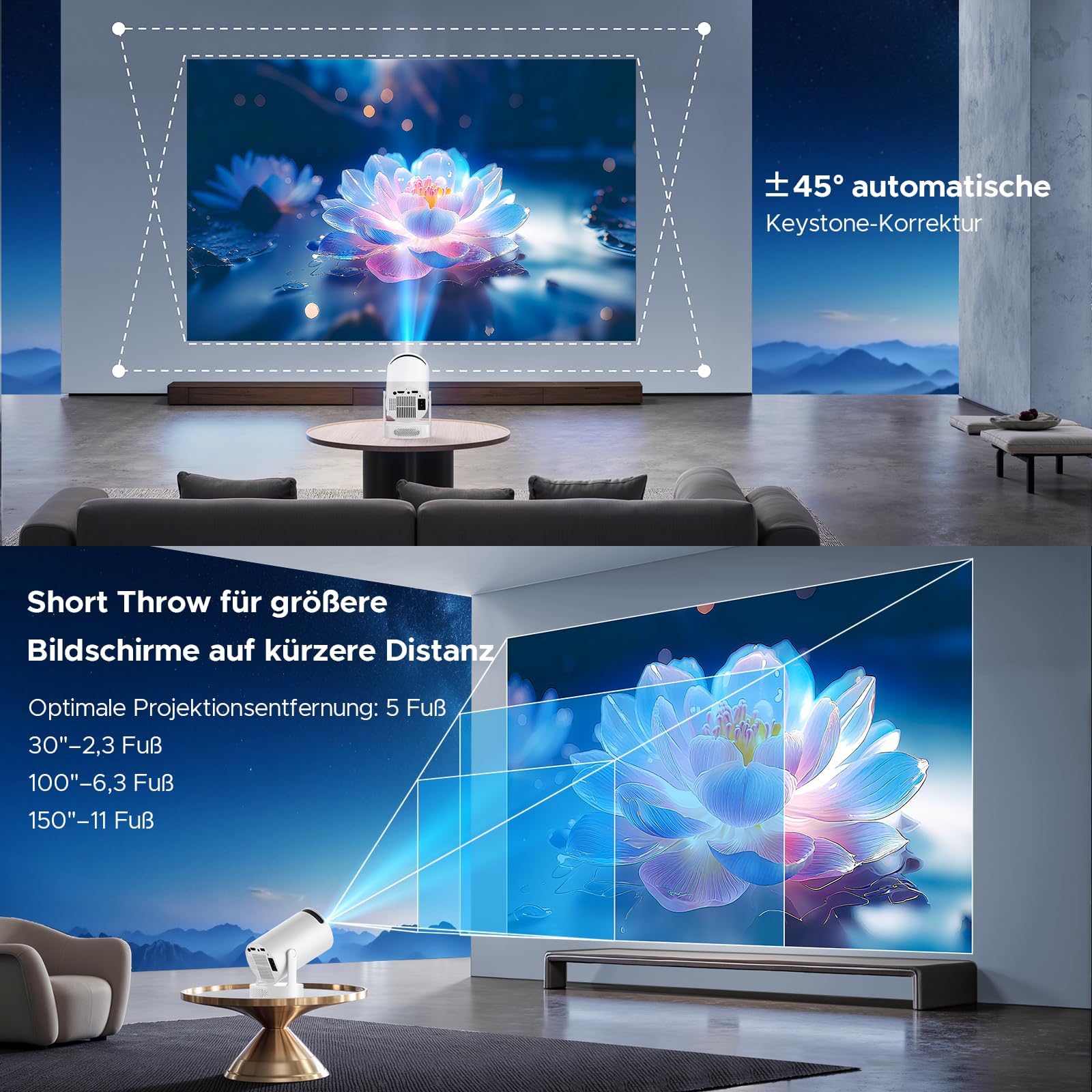 4K Smart Projektor Android 11.0 mit WiFi 6 Bluetooth 5.0, Auto Trapezkorrektur & 220° Drehständer für Heimkino