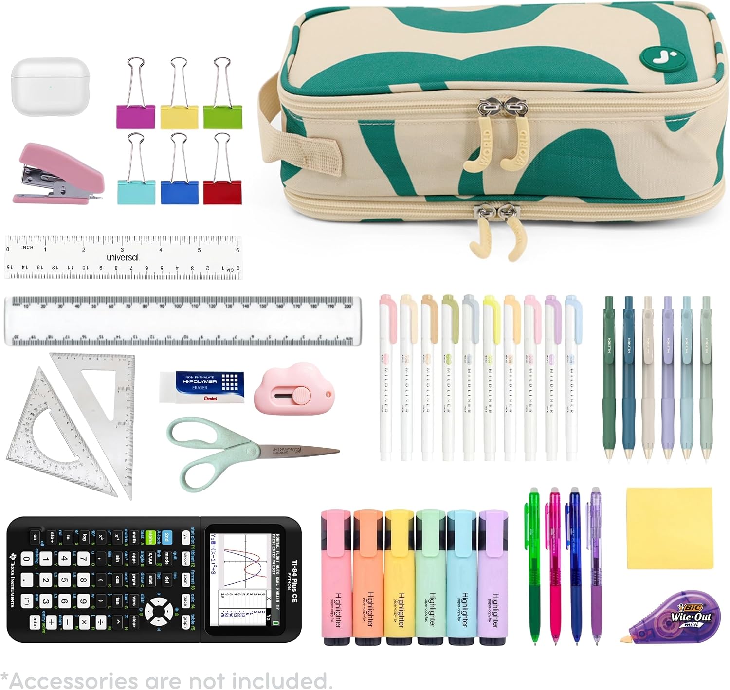 J World New York Doodle Large Capacity Pencil Case. 2 Compartment Pouch Pen Bag for School Teen Girl Boy Women, Green Swirl image 4