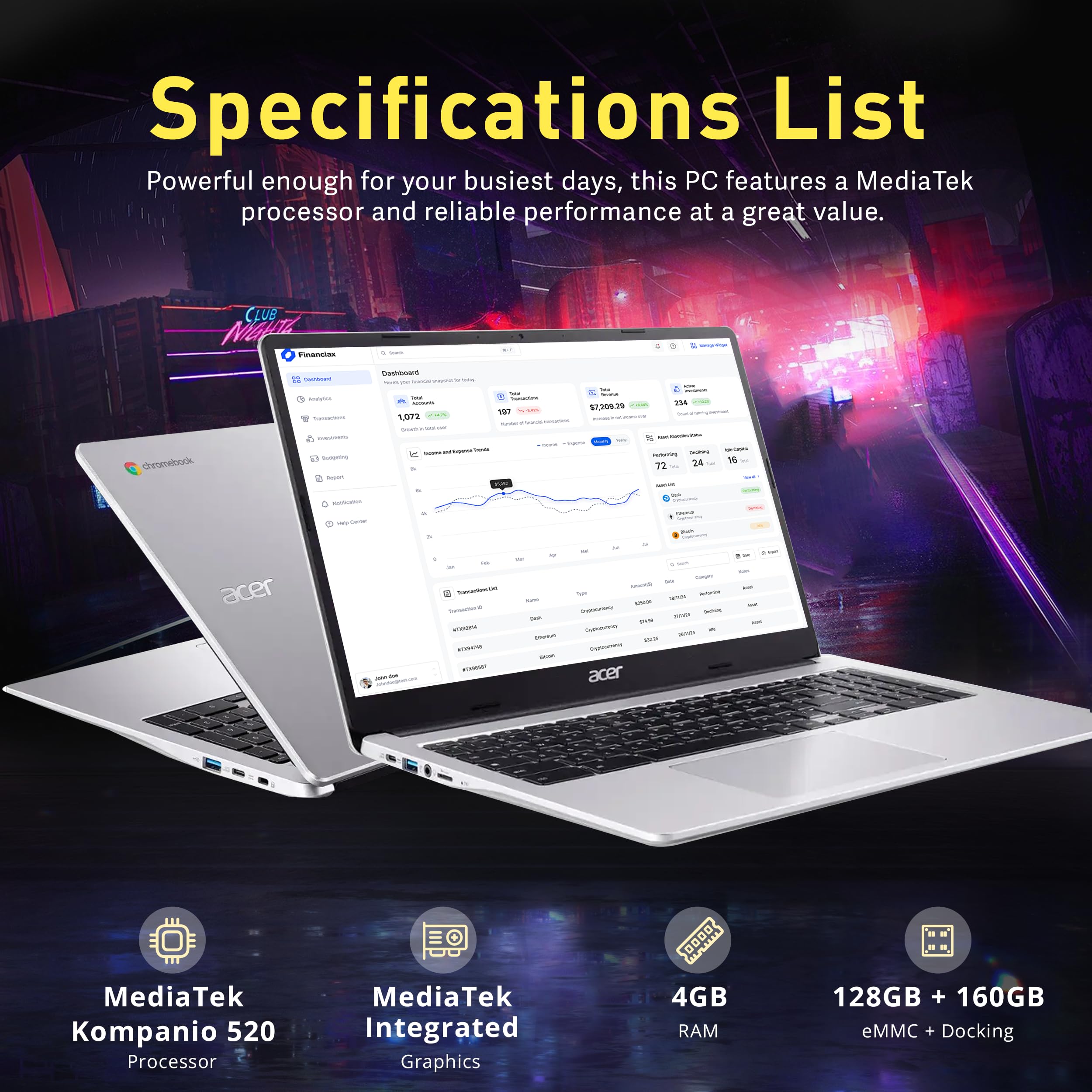 Acer Chromebook 315 Laptop, display HD antiriflesso da 15,6", Intel Pentium N6000, 4 GB LPDDR4X, 288 GB di memoria (128 GB eMMC + set docking station da 160 GB), grafica UHD, Num Pad, Wi-Fi 6, Chrome