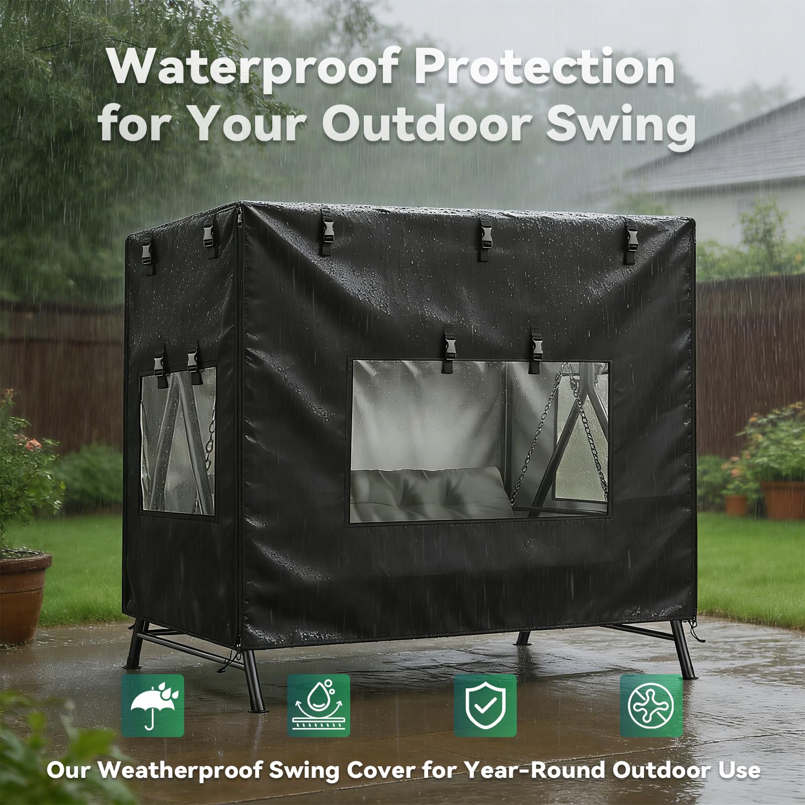 WingFly Copertura per Dondolo da Giardino, 3 Posti Copertura Altalena Impermeabile, Tessuto Oxford 420D Anti-UV, Telo Copri Dondolo da Esterno, per da Giardino Swing (215*125*170CM)