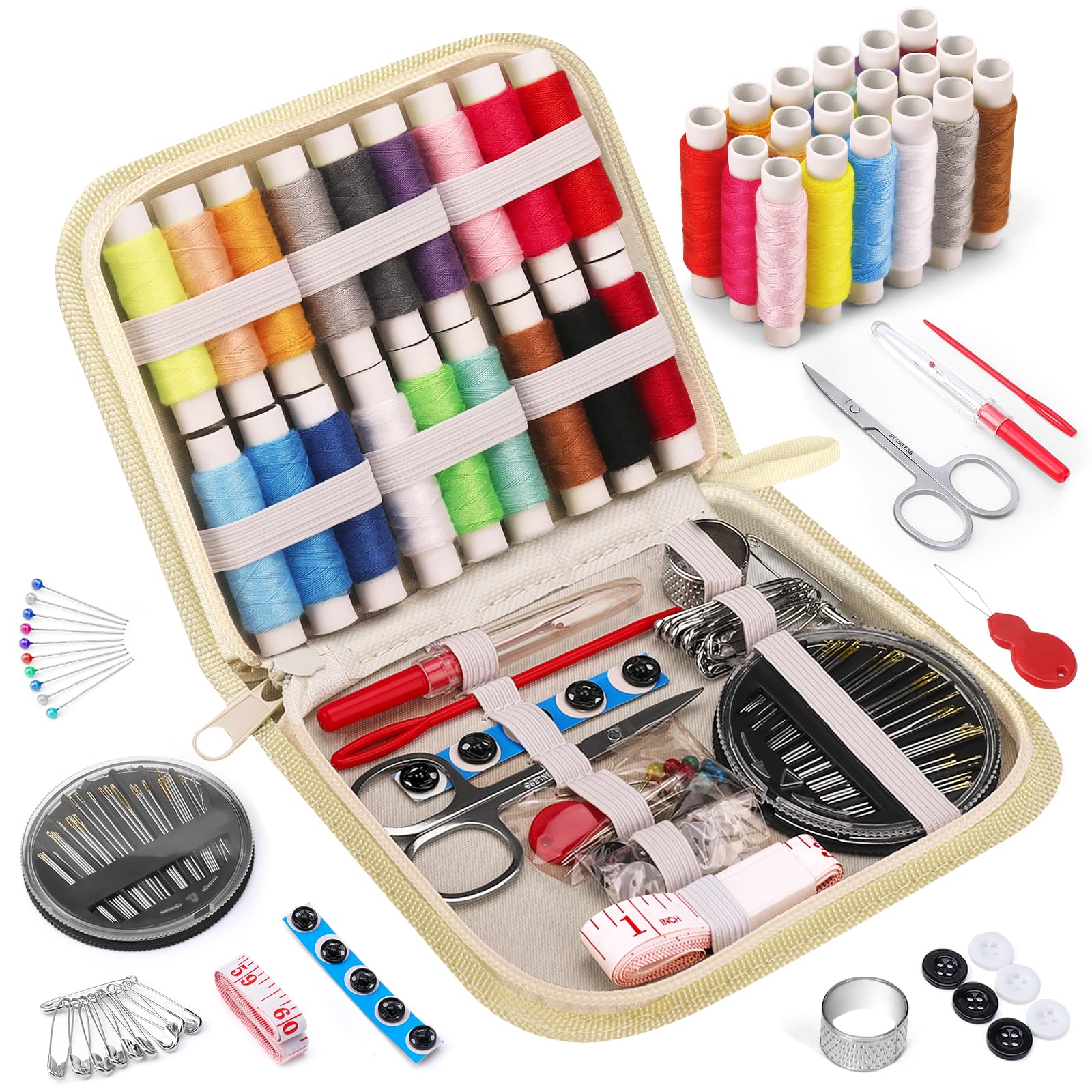 CoquimboSewing Kit for Adults, Kids, Beginner, Traveler, Portable Sewing Supplies Contains Soft Tape Measure, Scissors, Thimble, Thread, Sewing Needles (Beige, M)