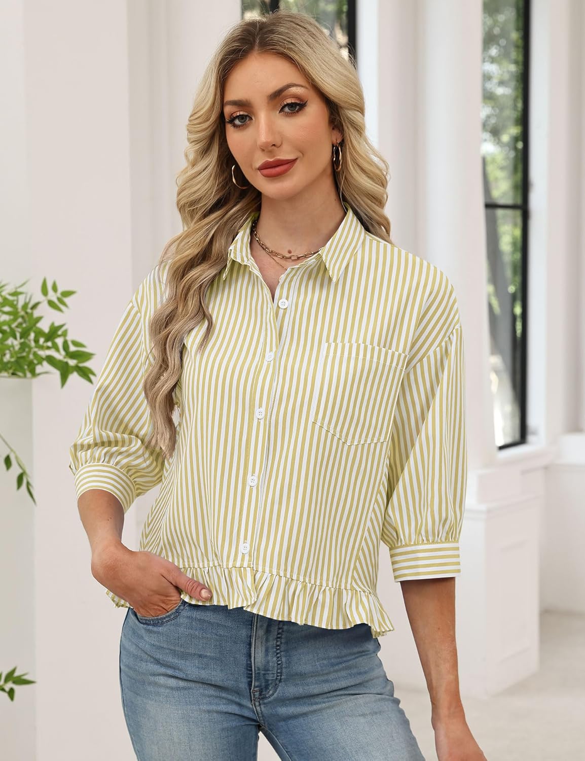LOMON Womens 3/4 Sleeve Button Down Tops Dressy Casual Collared Shirts Blouses Ruffle Babydoll Tops Loose Fit - Image 2